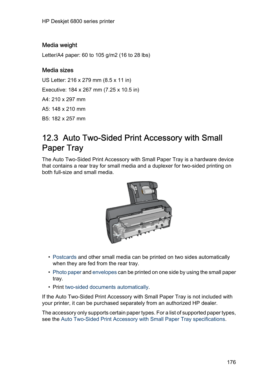 Media weight, Media sizes, Auto two-sided print | Accessory with small paper, Tray, Auto two, Sided print accessory with small paper tray, Auto two-sided print accessory, With small paper tray | HP Deskjet 6840 Color Inkjet Printer User Manual | Page 176 / 193