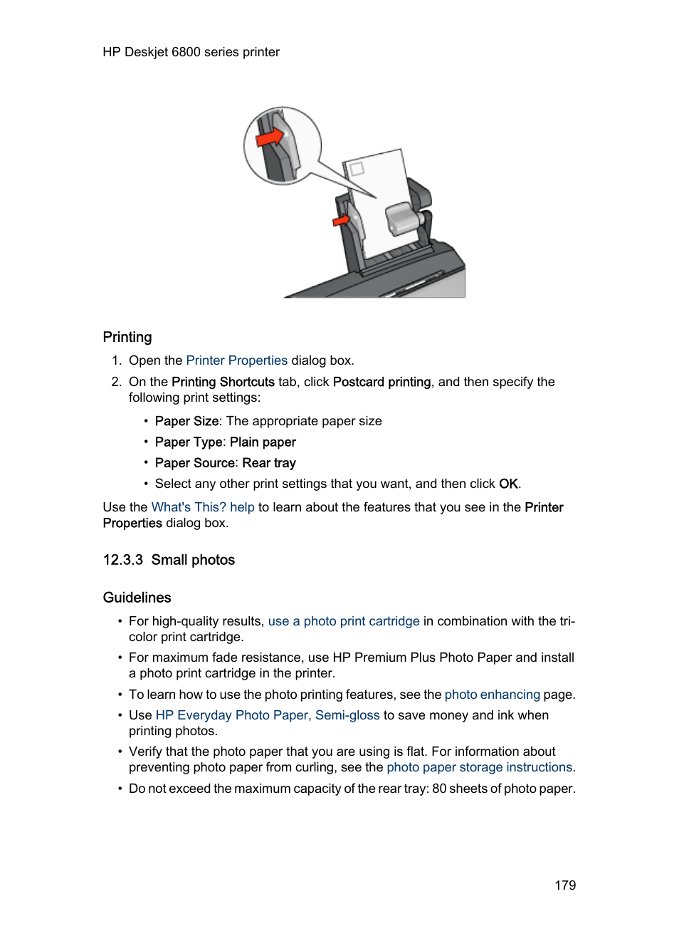 Printing, 3 small photos, Guidelines | Tray, Load the photo paper, Into the accessory, Photo paper | HP Deskjet 6840 Color Inkjet Printer User Manual | Page 179 / 193