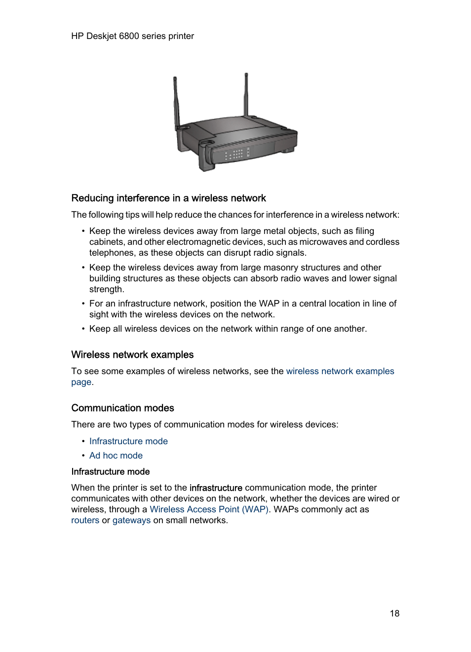 Reducing interference in a wireless network, Wireless network examples, Communication modes | Infrastructure mode | HP Deskjet 6840 Color Inkjet Printer User Manual | Page 18 / 193