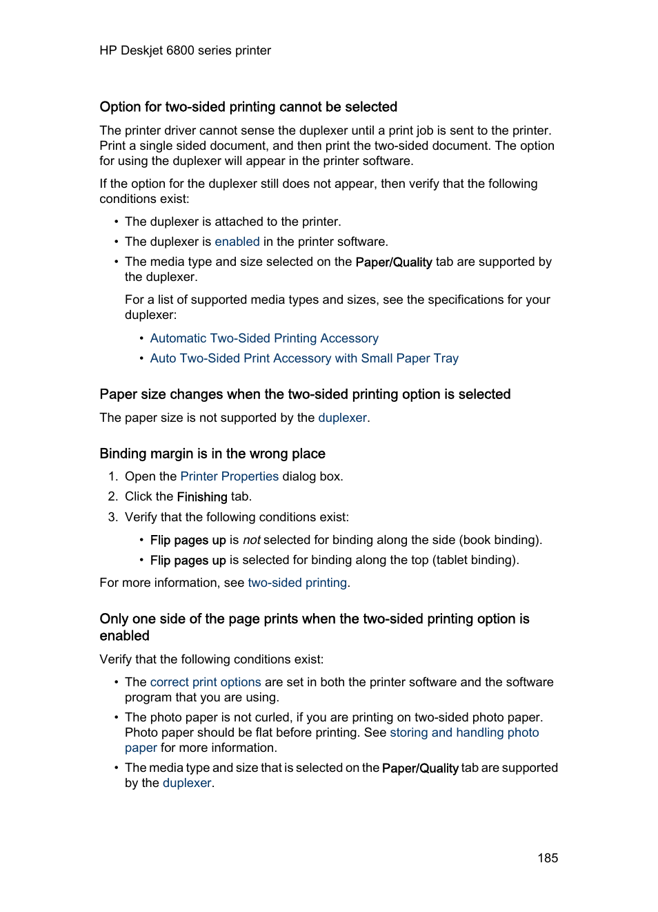 Option for two-sided printing cannot be selected, Binding margin is in the wrong place | HP Deskjet 6840 Color Inkjet Printer User Manual | Page 185 / 193