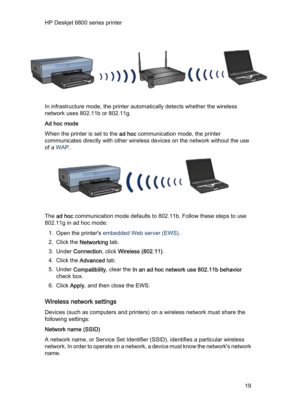 Ad hoc mode, Wireless network settings, Network name (ssid) | HP Deskjet 6840 Color Inkjet Printer User Manual | Page 19 / 193