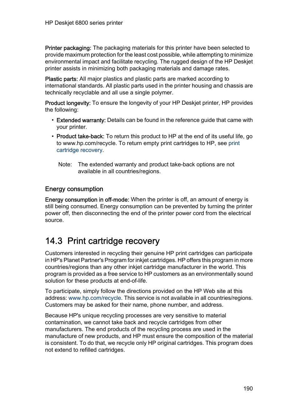 Energy consumption, 3 print cartridge recovery, Print cartridge | Recovery, Print cartridge recovery | HP Deskjet 6840 Color Inkjet Printer User Manual | Page 190 / 193