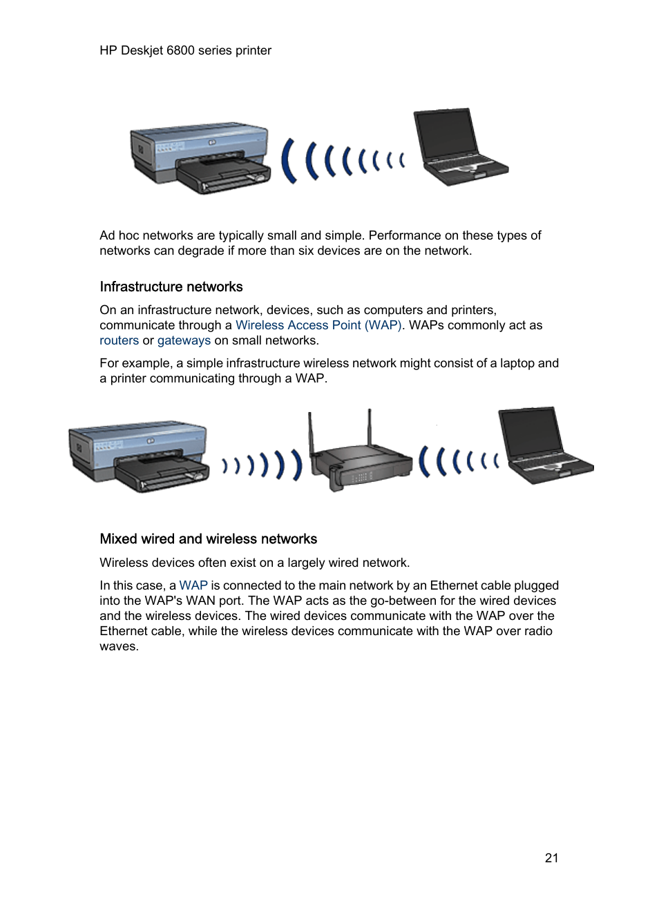 Infrastructure networks, Mixed wired and wireless networks, Infrastructure | Mixed wired and wireless | HP Deskjet 6840 Color Inkjet Printer User Manual | Page 21 / 193