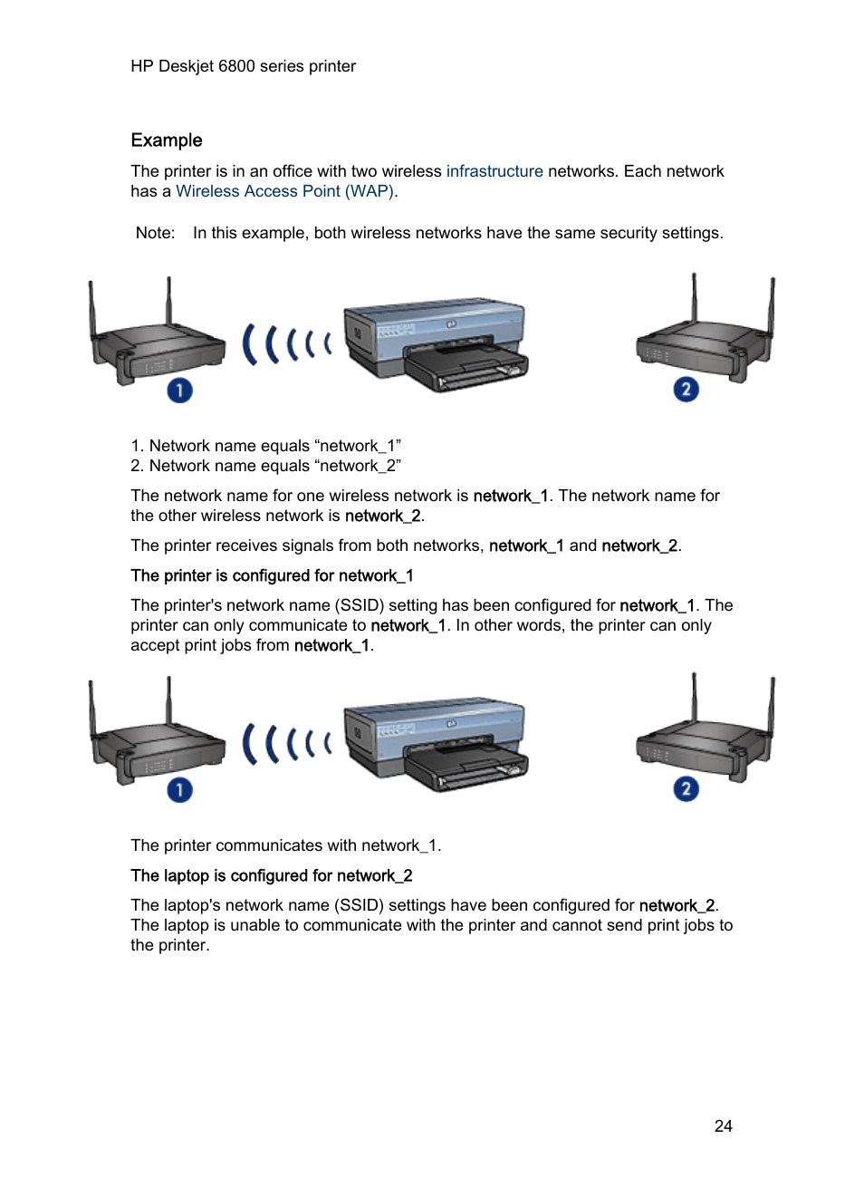 Example, The printer is configured for network_1, The laptop is configured for network_2 | HP Deskjet 6840 Color Inkjet Printer User Manual | Page 24 / 193