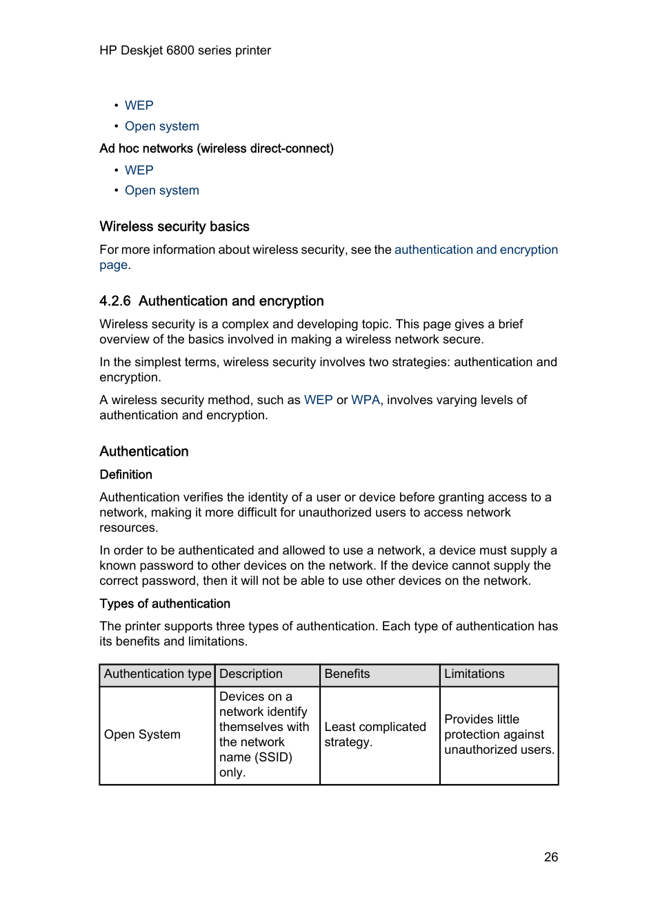 Ad hoc networks (wireless direct-connect), Wireless security basics, 6 authentication and encryption | Authentication, Definition, Types of authentication | HP Deskjet 6840 Color Inkjet Printer User Manual | Page 26 / 193