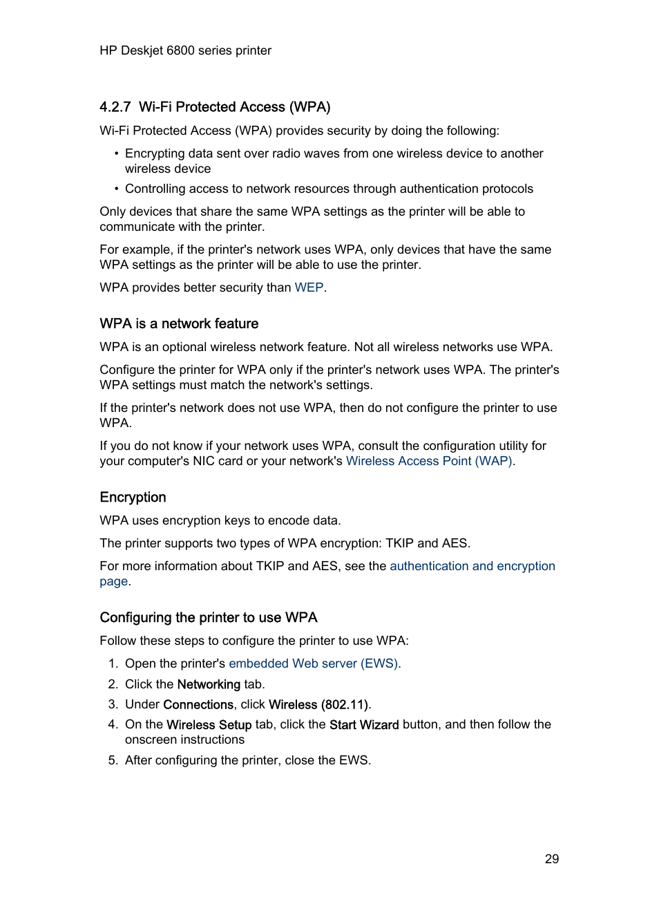 7 wi-fi protected access (wpa), Wpa is a network feature, Encryption | Configuring the printer to use wpa | HP Deskjet 6840 Color Inkjet Printer User Manual | Page 29 / 193