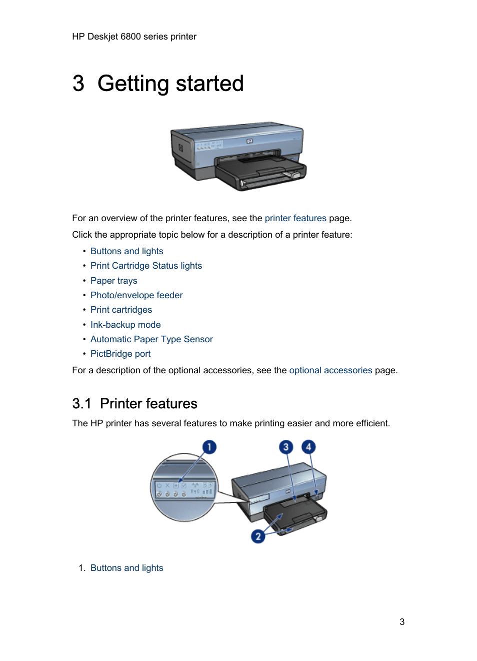 3 getting started, 1 printer features, Getting started | HP Deskjet 6840 Color Inkjet Printer User Manual | Page 3 / 193