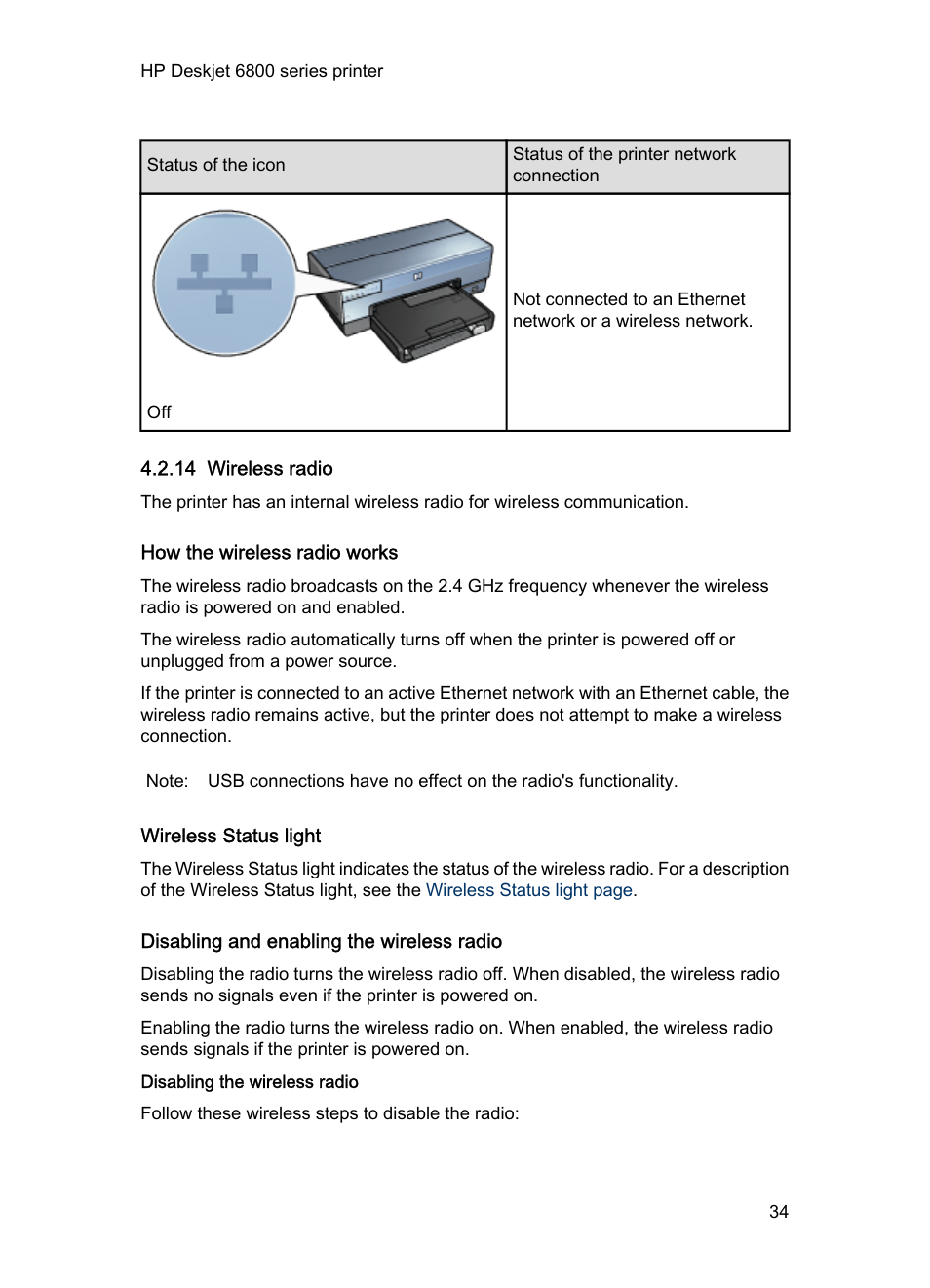 14 wireless radio, How the wireless radio works, Wireless status light | Disabling and enabling the wireless radio, Disabling the wireless radio, Wireless radio | HP Deskjet 6840 Color Inkjet Printer User Manual | Page 34 / 193