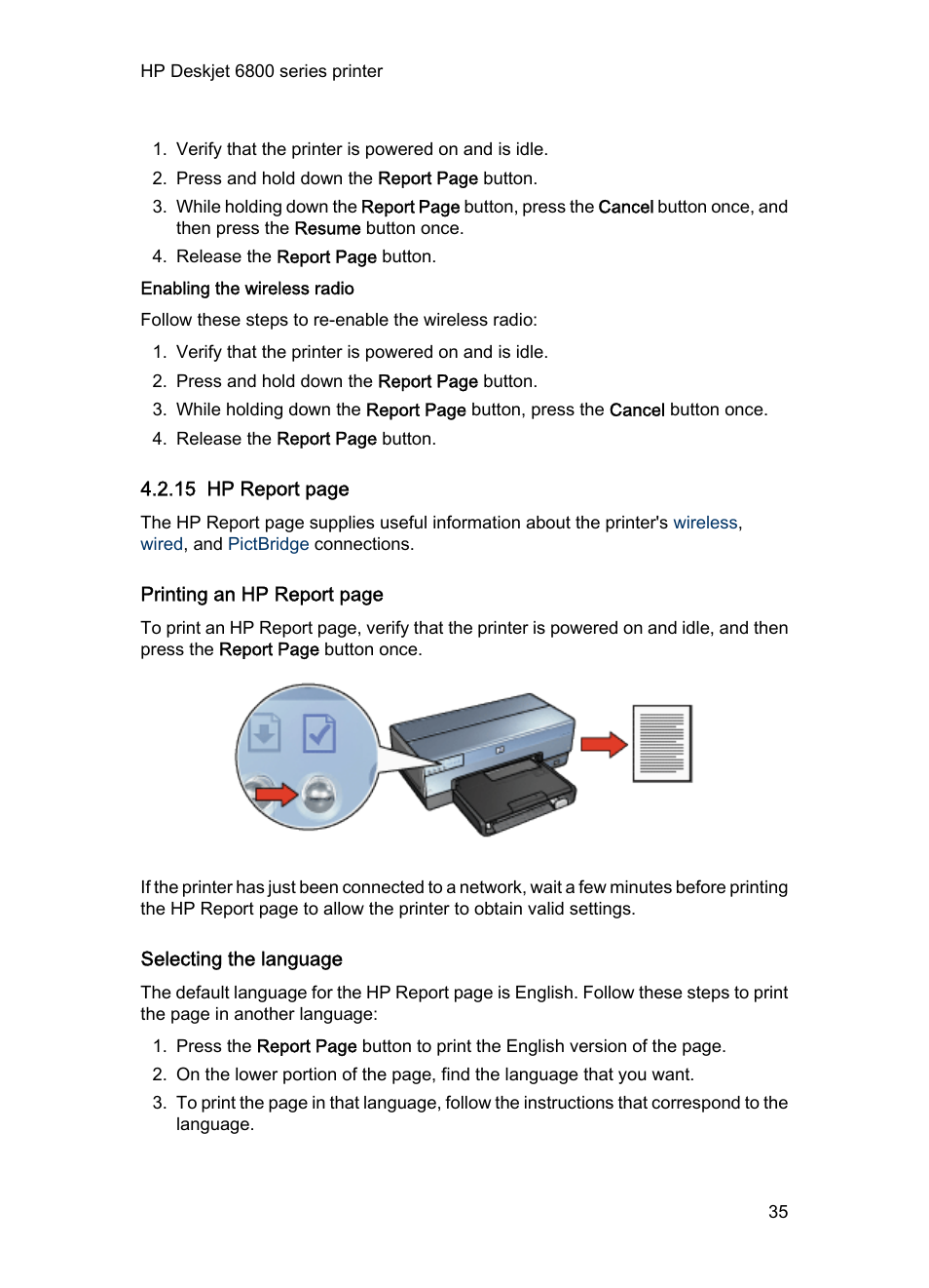 Enabling the wireless radio, Selecting the language | HP Deskjet 6840 Color Inkjet Printer User Manual | Page 35 / 193