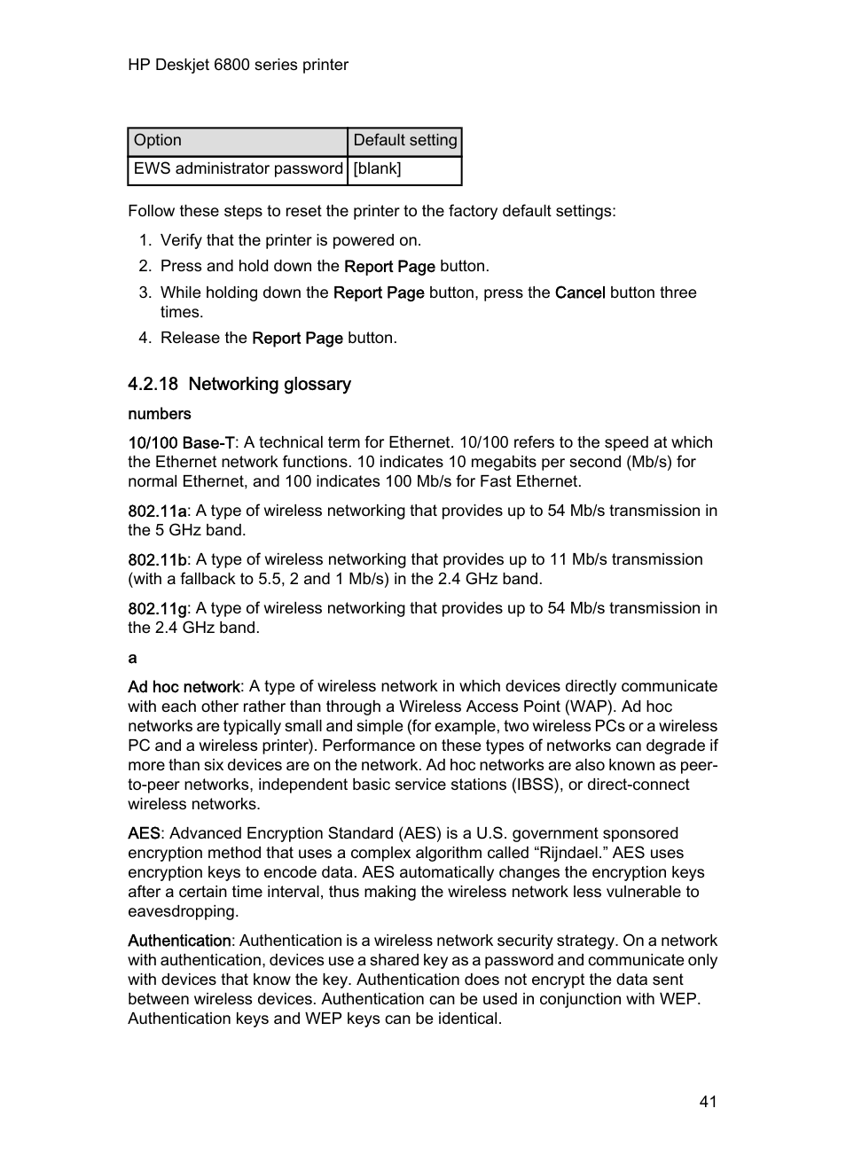 18 networking glossary, Numbers, Glossary | Wi-fi wireless network without the aid of, Infrastructure mode, Ad hoc mode, Ethernet cable, The printer to the network's, Wireless access point (wap), In order to achieve a | HP Deskjet 6840 Color Inkjet Printer User Manual | Page 41 / 193