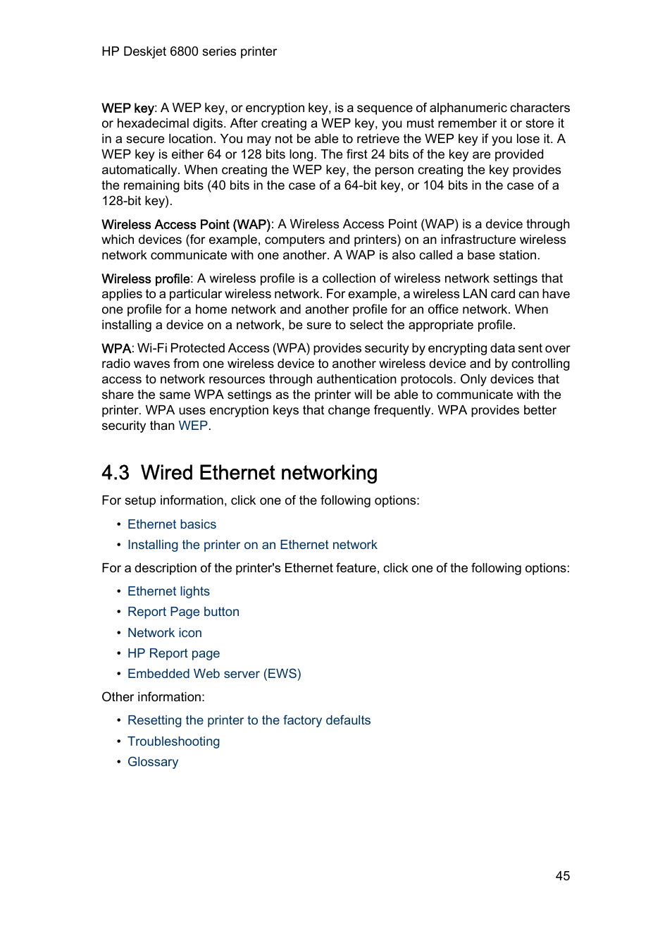 3 wired ethernet networking, Wired, Wired ethernet port | Wired networking, Ethernet | HP Deskjet 6840 Color Inkjet Printer User Manual | Page 45 / 193