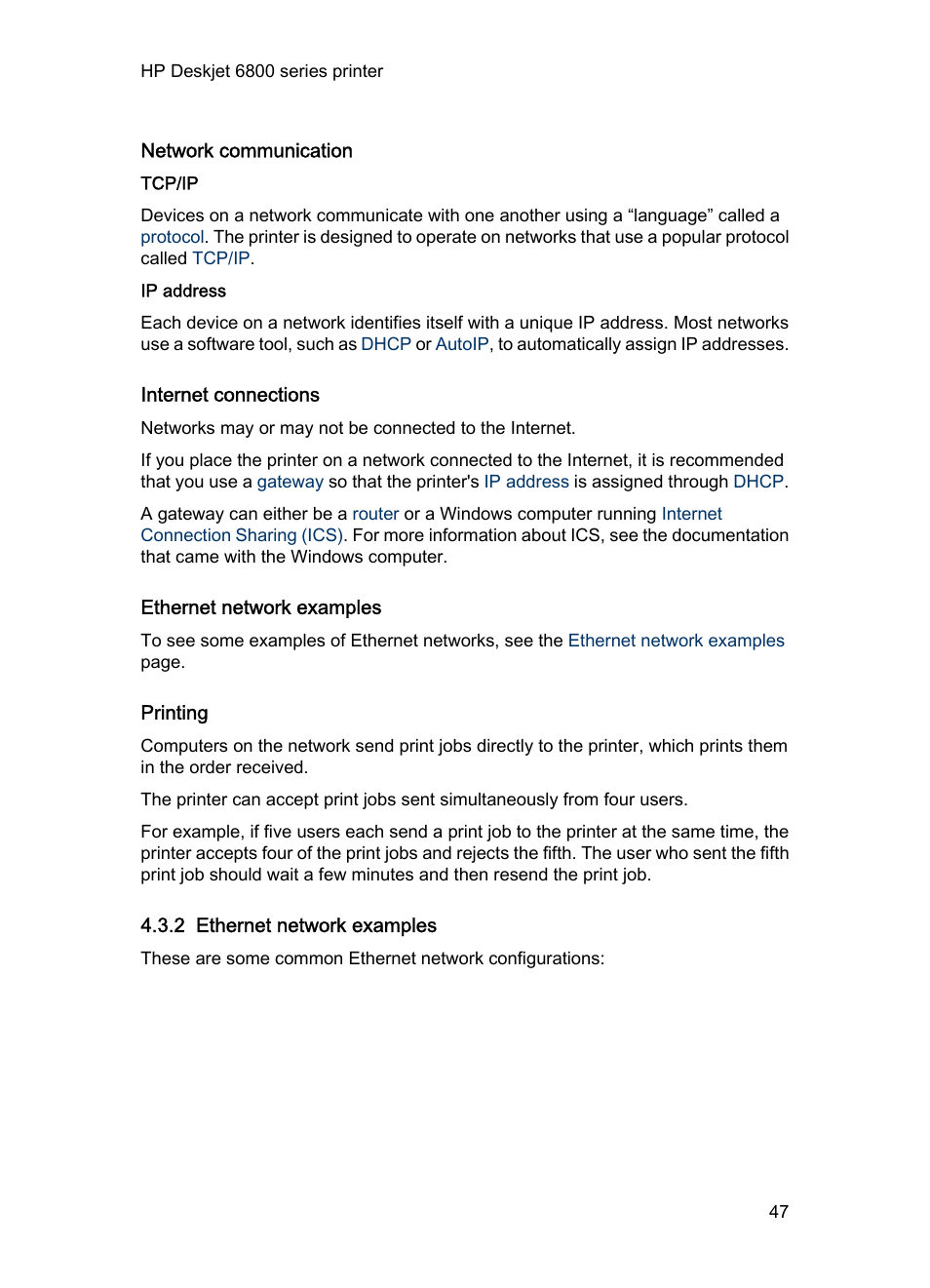 Network communication, Tcp/ip, Ip address | Internet connections, Ethernet network examples, Printing, 2 ethernet network examples | HP Deskjet 6840 Color Inkjet Printer User Manual | Page 47 / 193