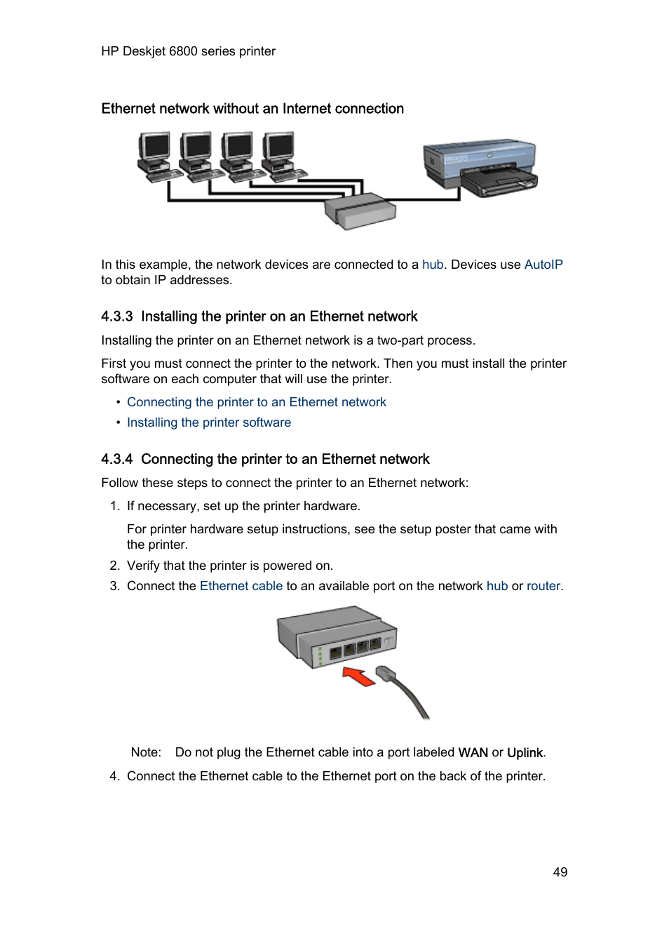 Ethernet network without an internet connection, 3 installing the printer on an ethernet network, 4 connecting the printer to an ethernet network | Ethernet network, Installation instructions, Installing the printer on an ethernet network, Ethernet installation, Instructions | HP Deskjet 6840 Color Inkjet Printer User Manual | Page 49 / 193