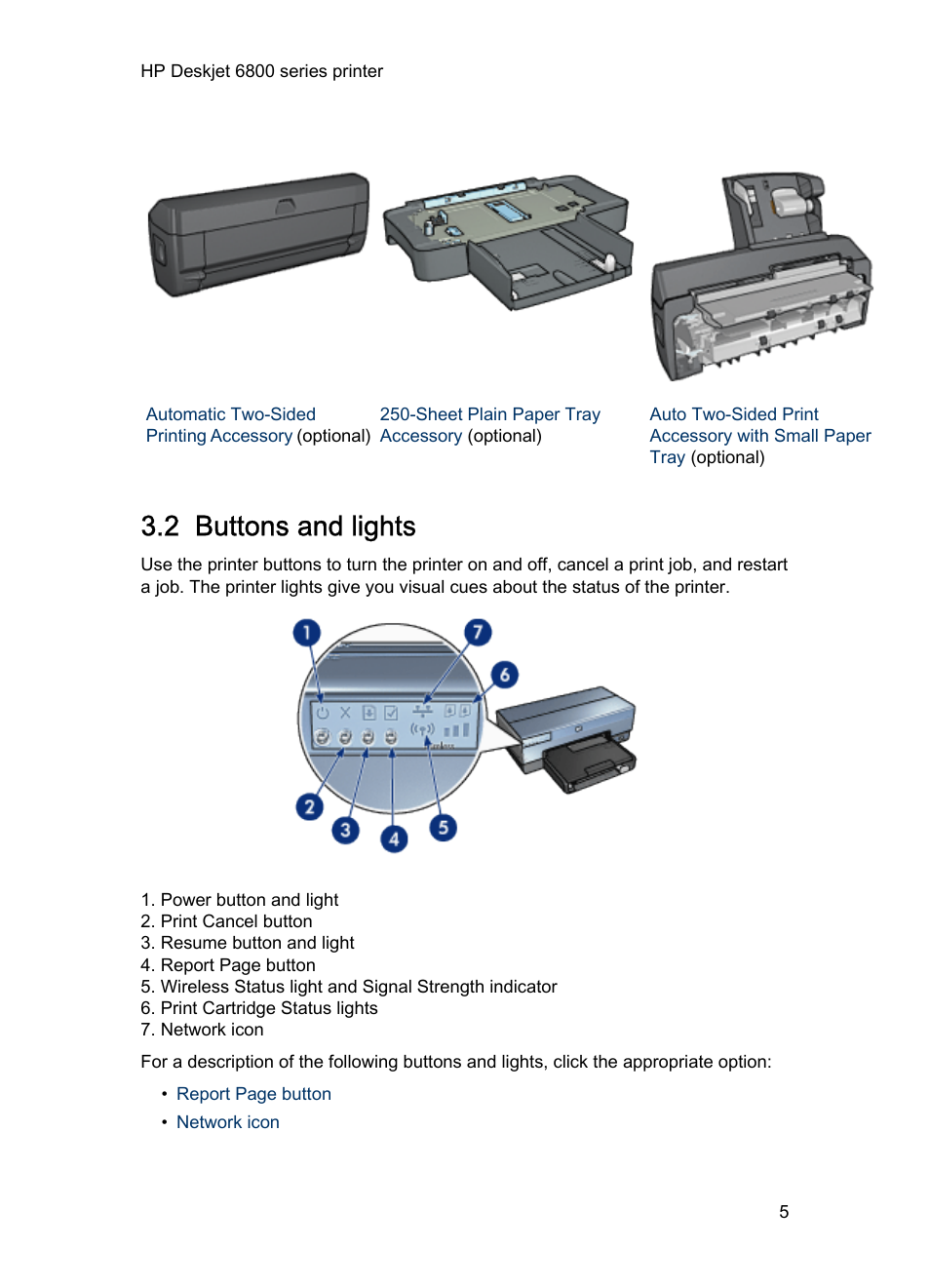 2 buttons and lights, Button, Buttons and lights | HP Deskjet 6840 Color Inkjet Printer User Manual | Page 5 / 193