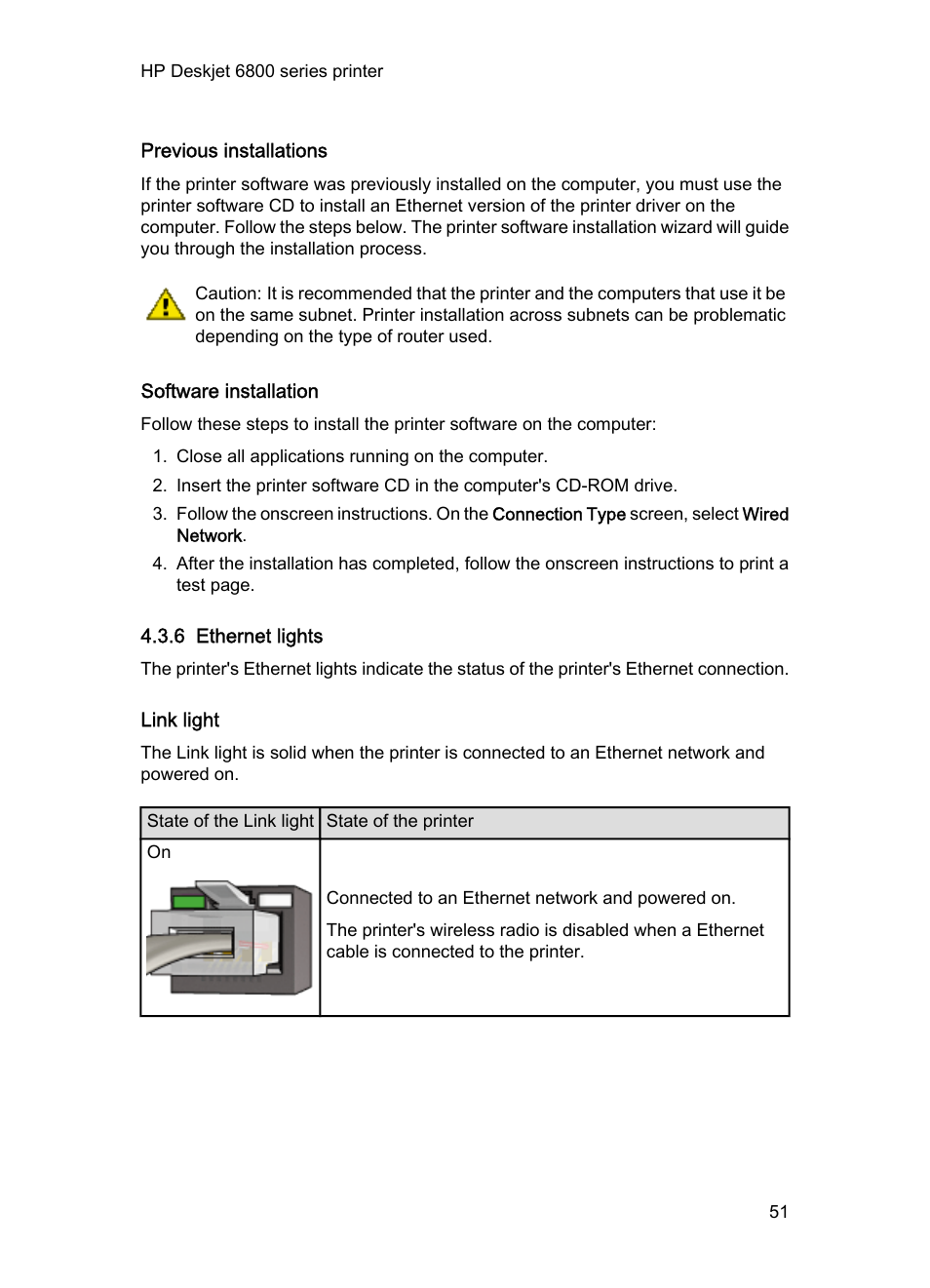 Previous installations, Software installation, 6 ethernet lights | Link light, Ethernet lights | HP Deskjet 6840 Color Inkjet Printer User Manual | Page 51 / 193