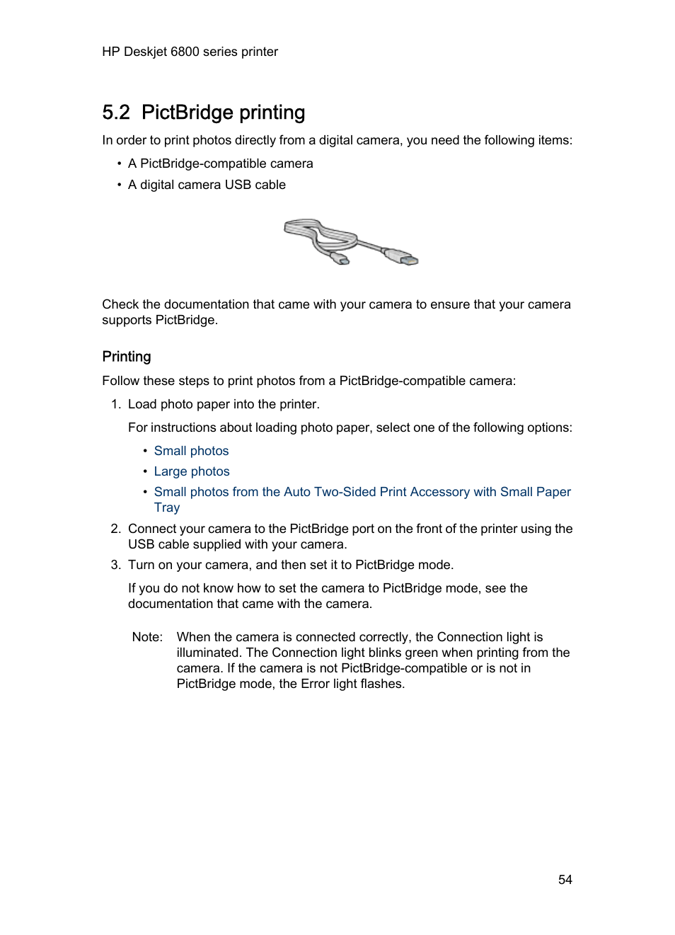 2 pictbridge printing, Printing, Pictbridge printing instructions | HP Deskjet 6840 Color Inkjet Printer User Manual | Page 54 / 193