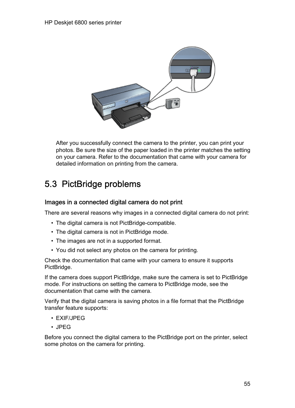 3 pictbridge problems, Images in a connected digital camera do not print, Pictbridge troubleshooting | HP Deskjet 6840 Color Inkjet Printer User Manual | Page 55 / 193