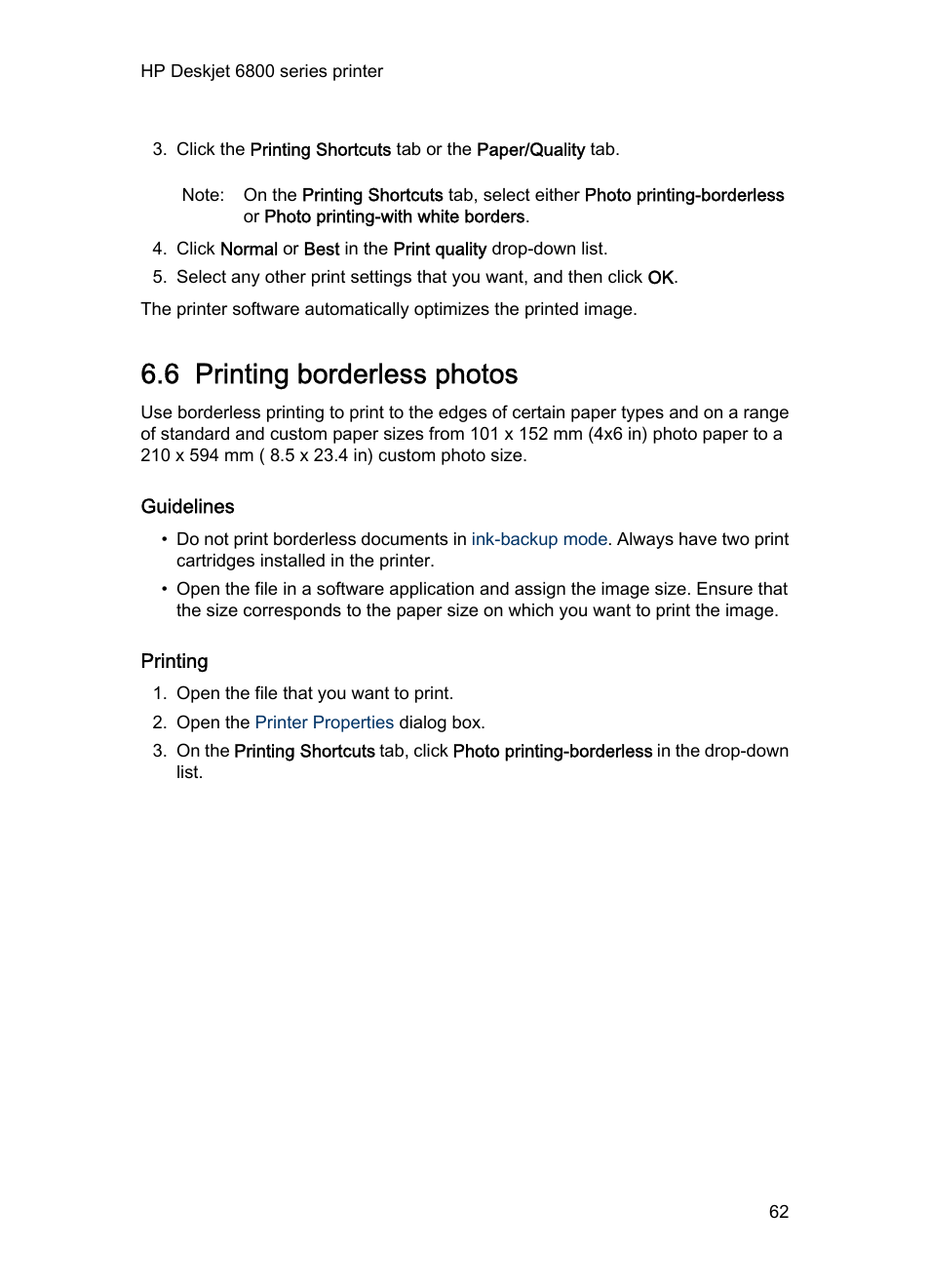 6 printing borderless photos, Guidelines, Printing | Cards by using the, Borderless printing | HP Deskjet 6840 Color Inkjet Printer User Manual | Page 62 / 193