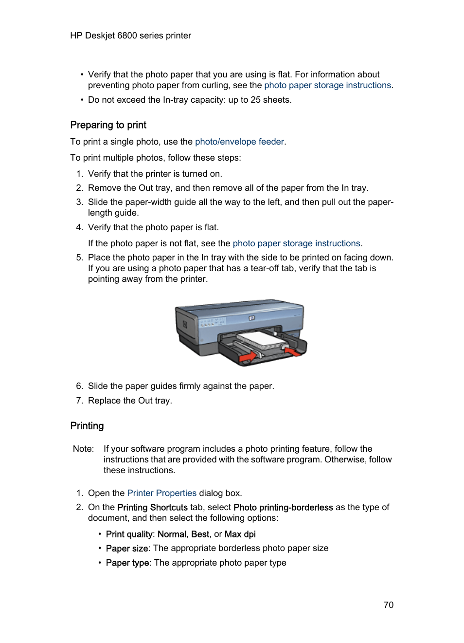 Preparing to print, Printing | HP Deskjet 6840 Color Inkjet Printer User Manual | Page 70 / 193