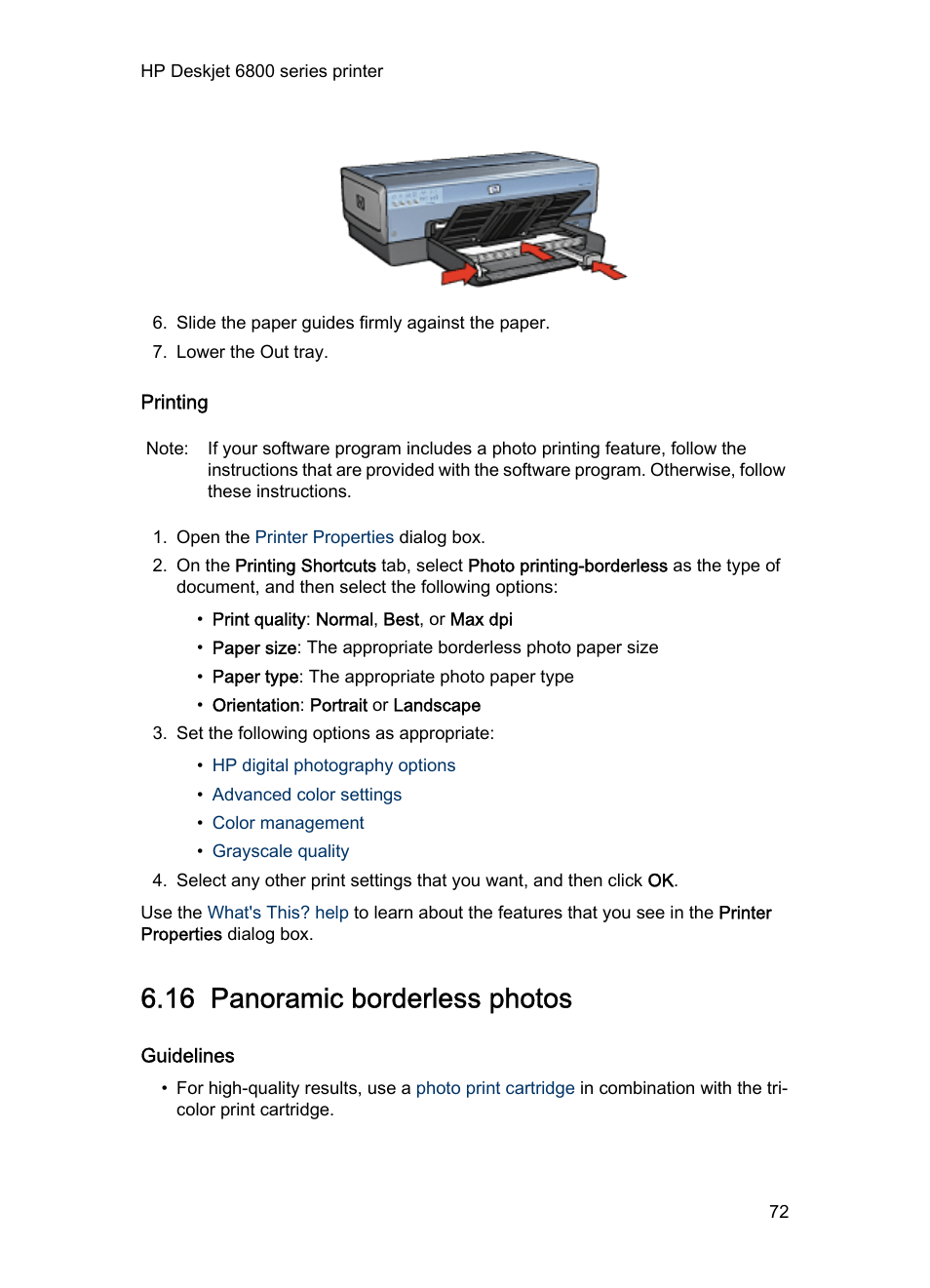 Printing, 16 panoramic borderless photos, Guidelines | Panoramic borderless photo | HP Deskjet 6840 Color Inkjet Printer User Manual | Page 72 / 193