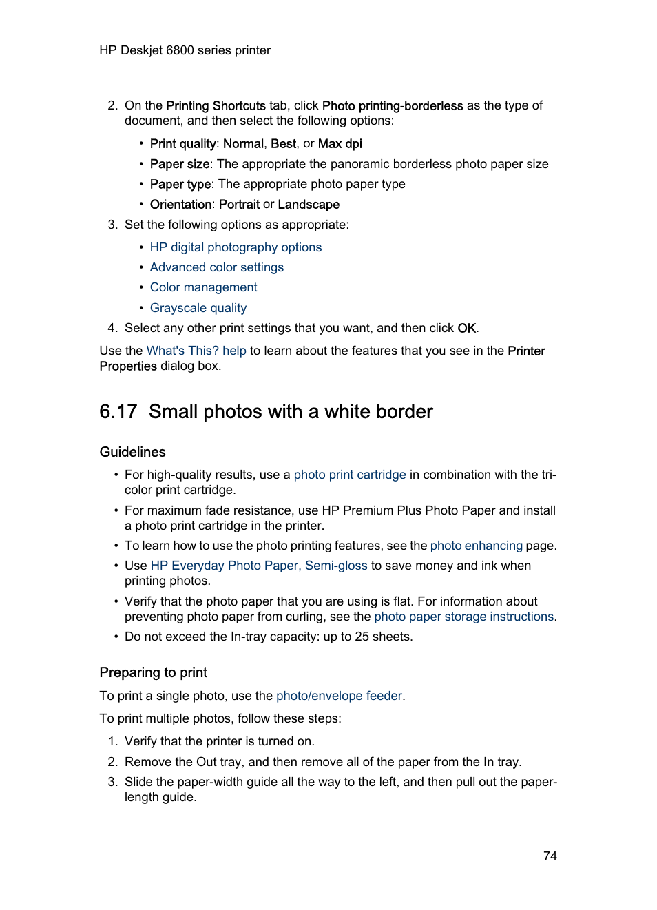 17 small photos with a white border, Guidelines, Preparing to print | Small photo, With a white border | HP Deskjet 6840 Color Inkjet Printer User Manual | Page 74 / 193