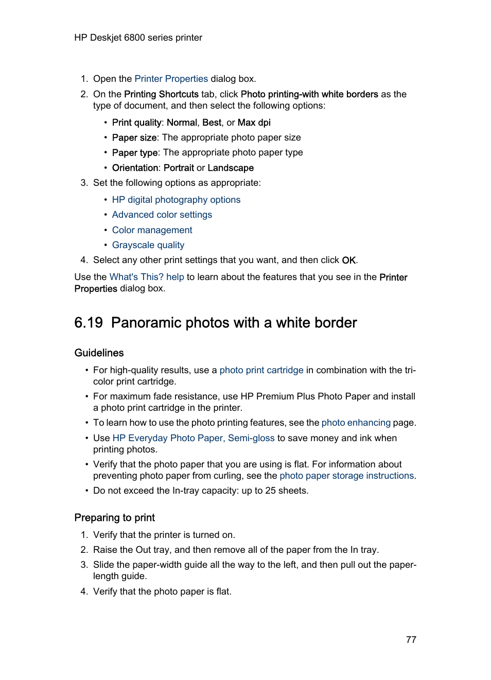 19 panoramic photos with a white border, Guidelines, Preparing to print | Panoramic photo, With a white border | HP Deskjet 6840 Color Inkjet Printer User Manual | Page 77 / 193