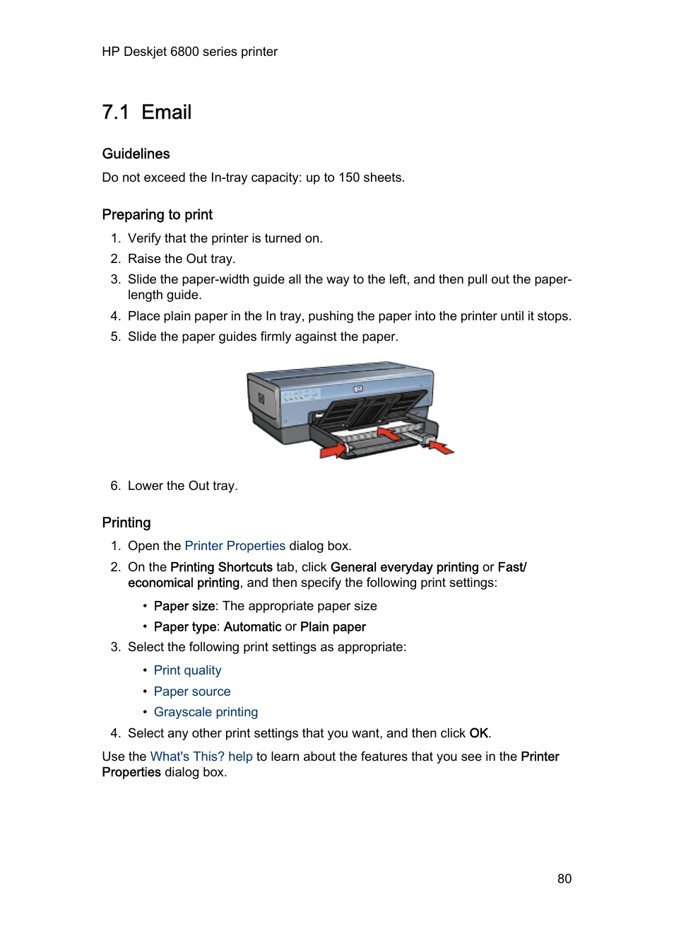 1 email, Guidelines, Preparing to print | Printing, E-mail | HP Deskjet 6840 Color Inkjet Printer User Manual | Page 80 / 193