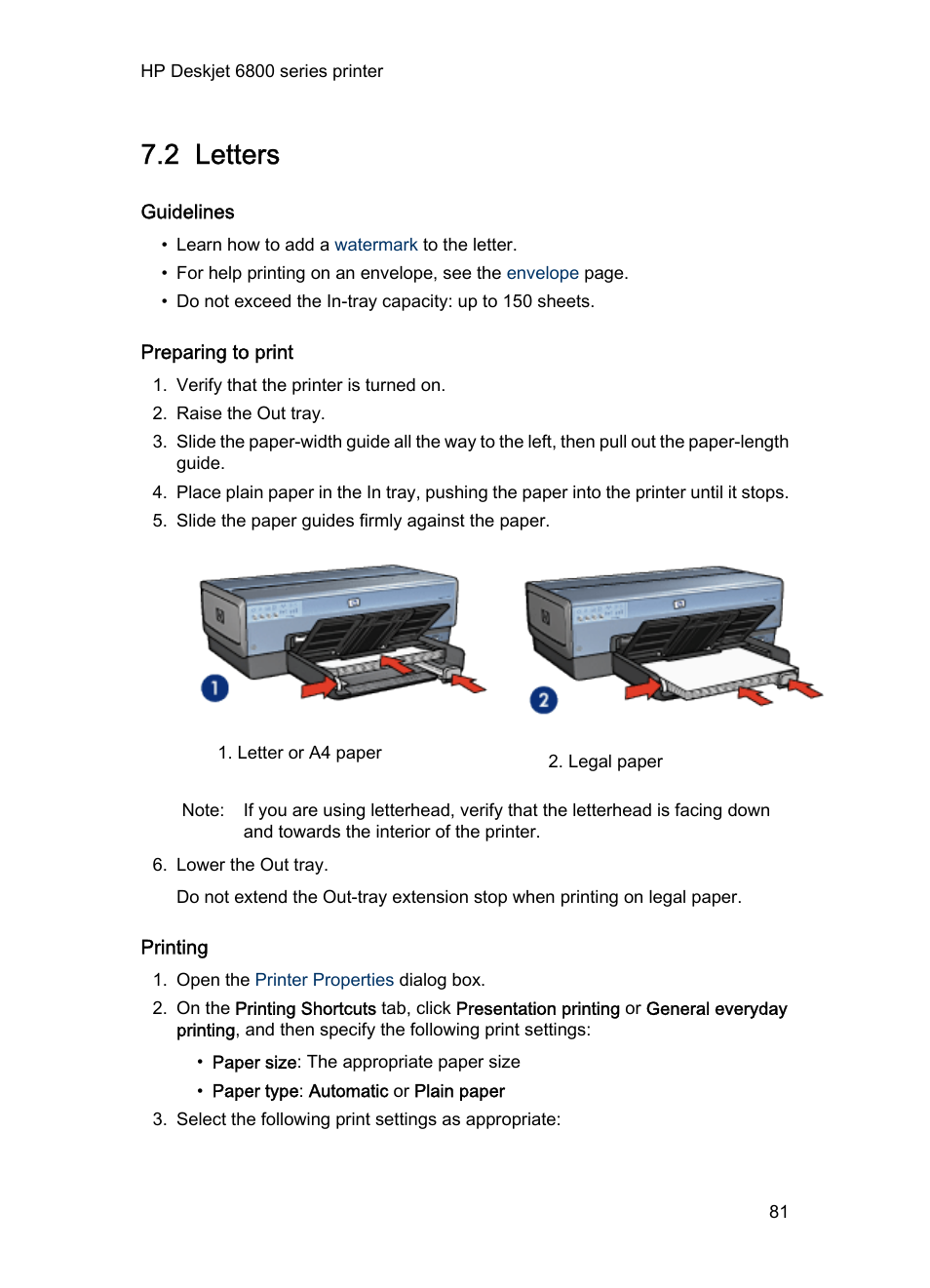 2 letters, Guidelines, Preparing to print | Printing, Letters | HP Deskjet 6840 Color Inkjet Printer User Manual | Page 81 / 193