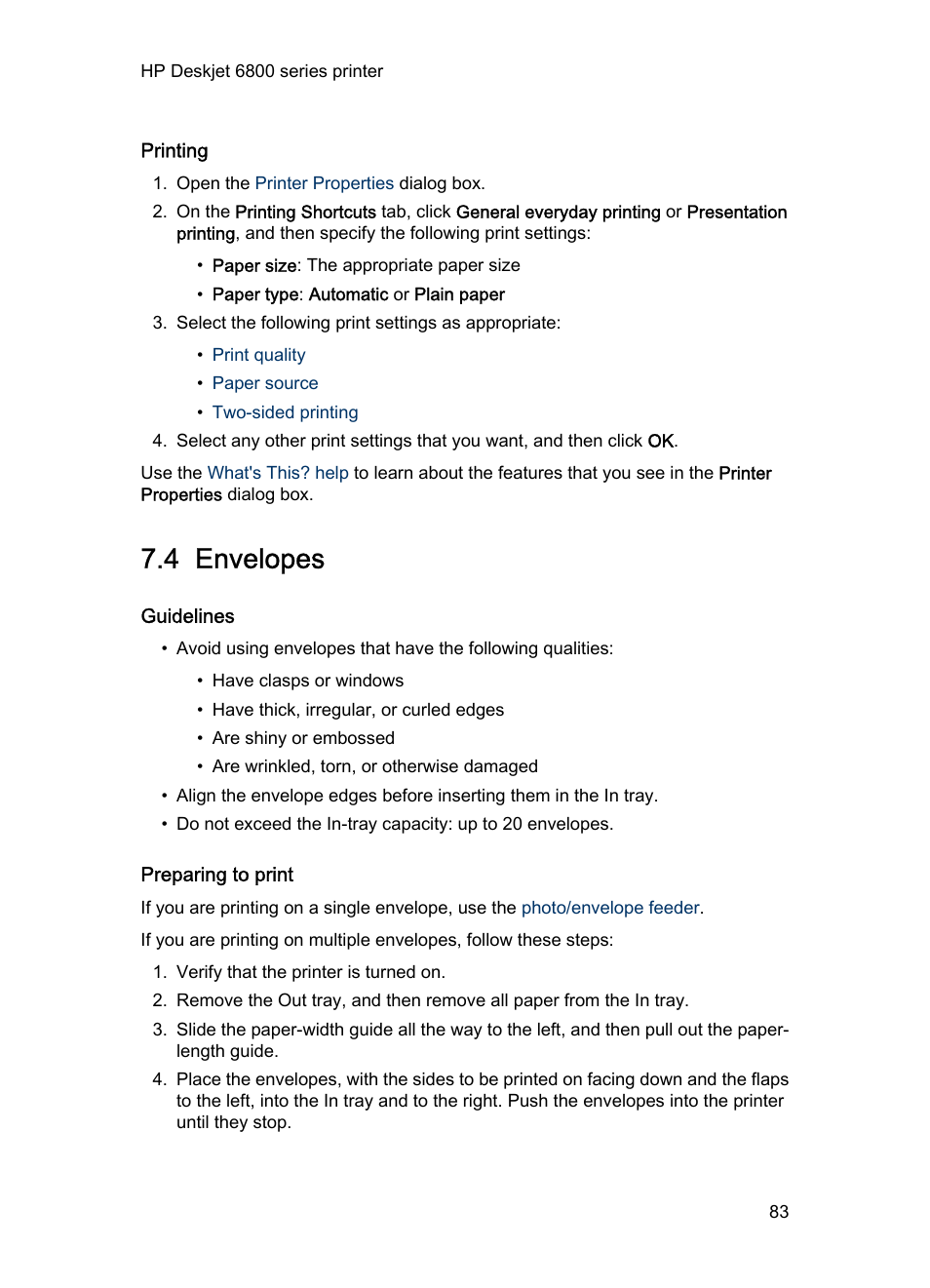 Printing, 4 envelopes, Guidelines | Preparing to print, Envelopes, Envelope | HP Deskjet 6840 Color Inkjet Printer User Manual | Page 83 / 193