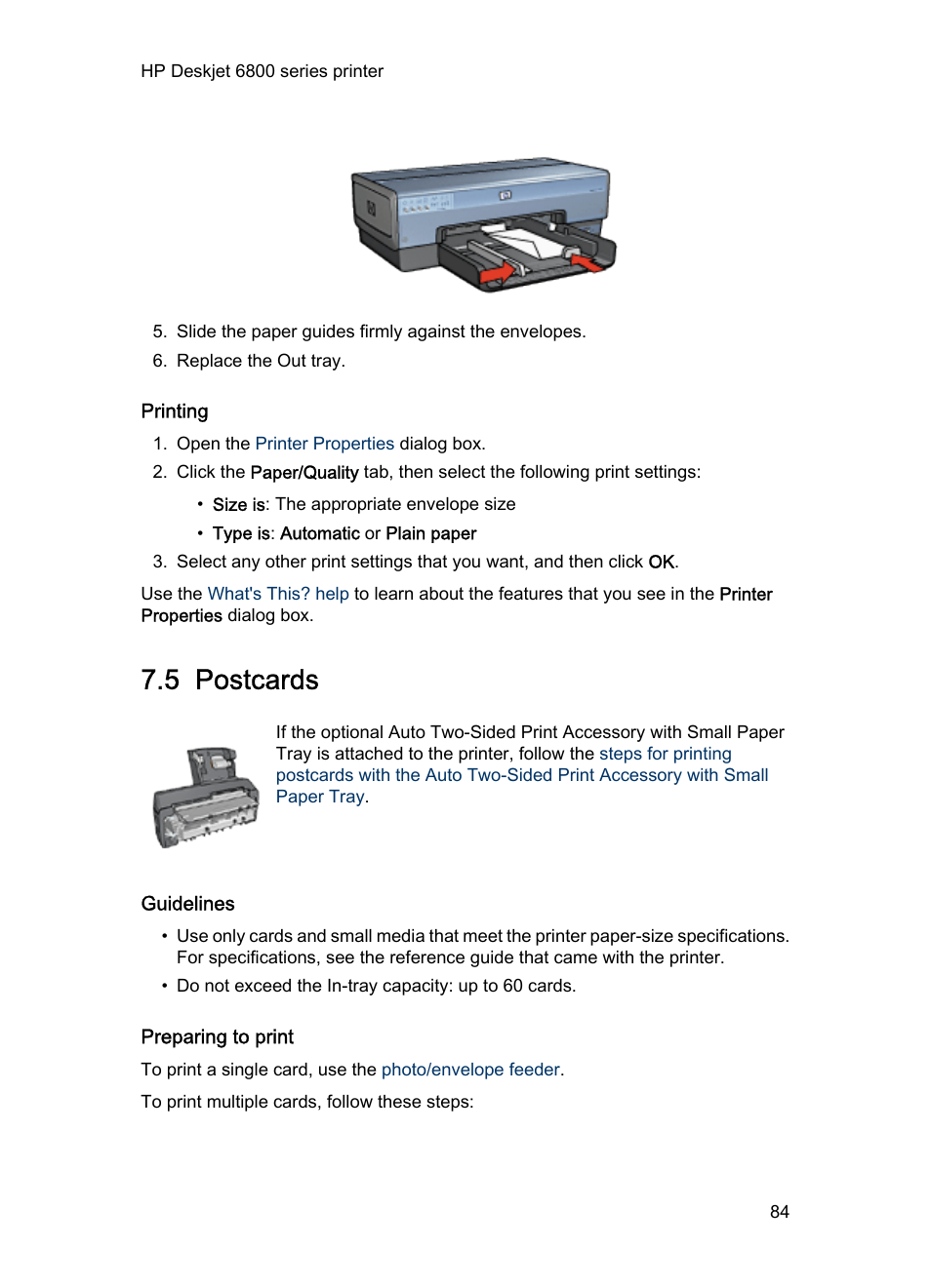 Printing, 5 postcards, Guidelines | Preparing to print, Postcards | HP Deskjet 6840 Color Inkjet Printer User Manual | Page 84 / 193