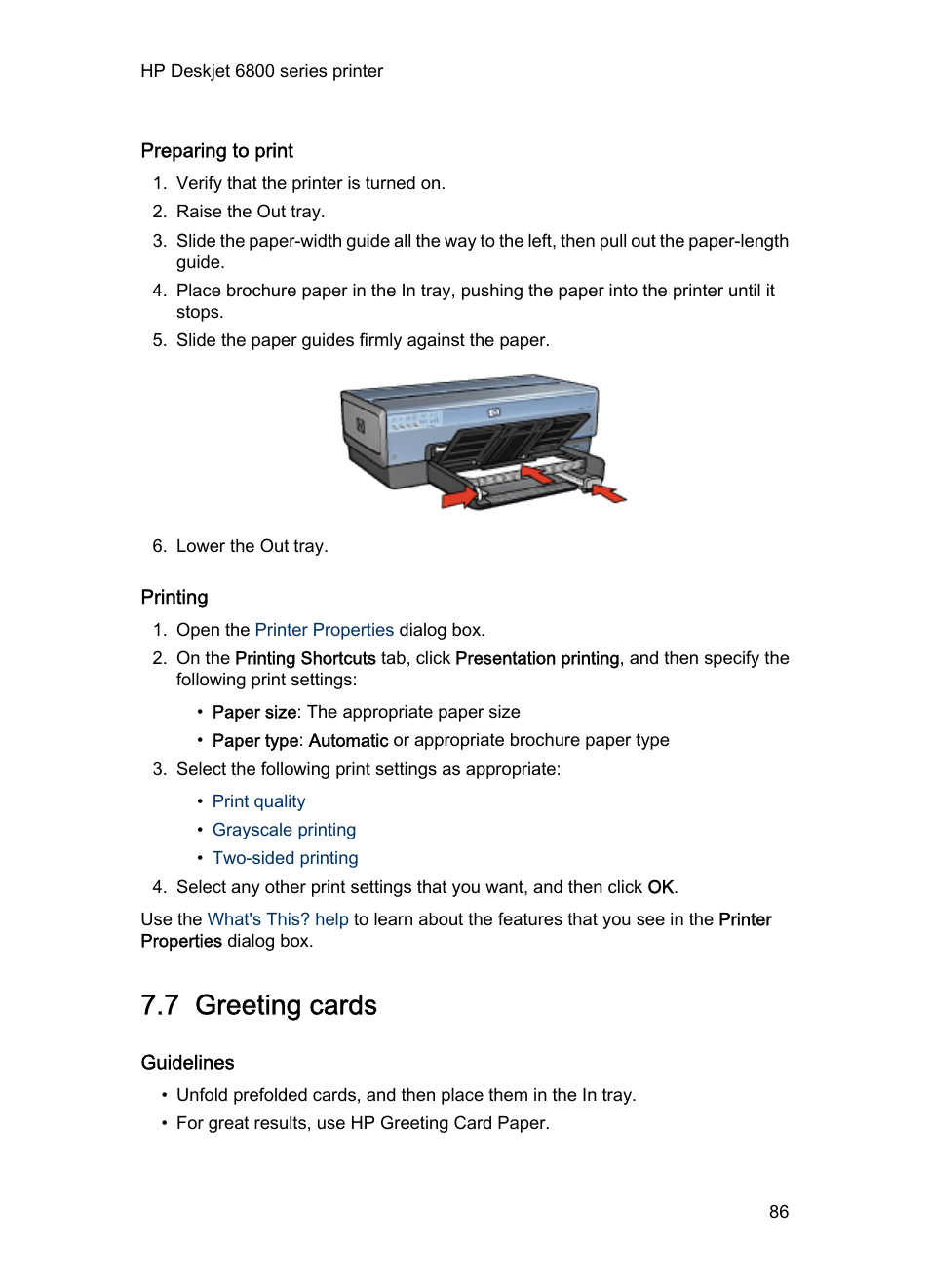 Preparing to print, Printing, 7 greeting cards | Guidelines, Greeting cards | HP Deskjet 6840 Color Inkjet Printer User Manual | Page 86 / 193