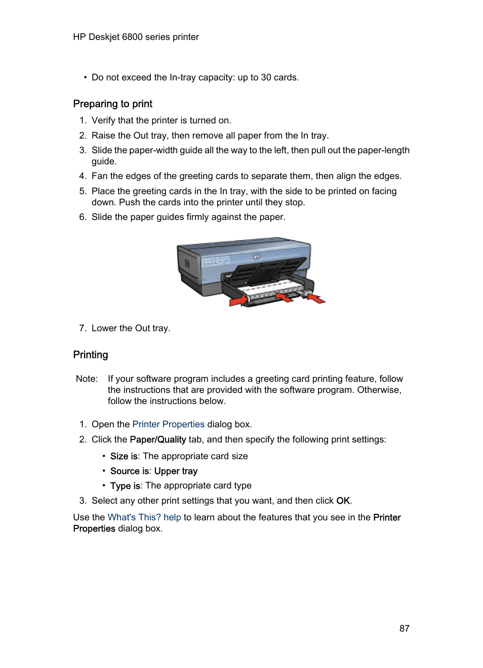 Preparing to print, Printing | HP Deskjet 6840 Color Inkjet Printer User Manual | Page 87 / 193