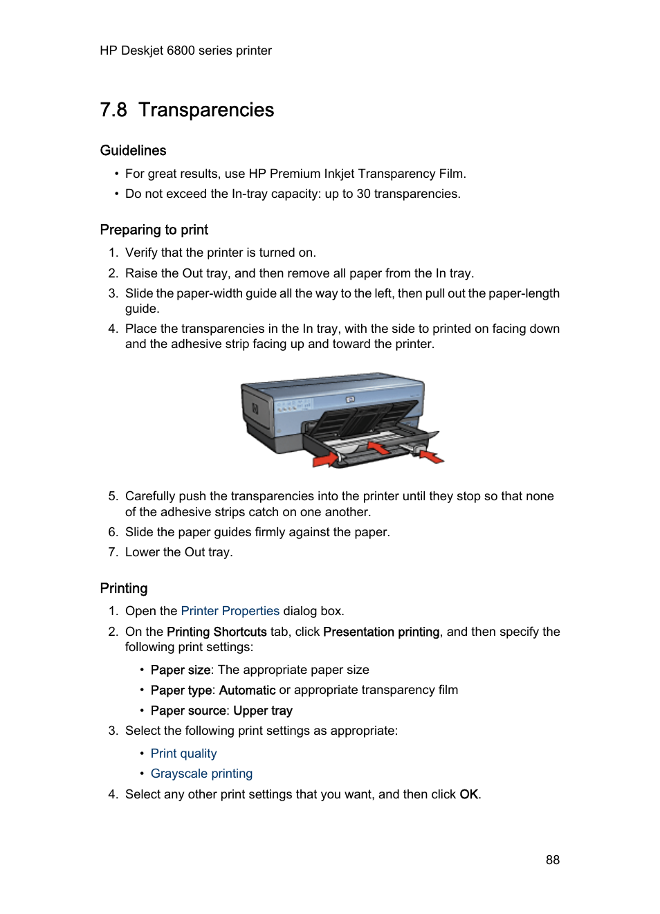 8 transparencies, Guidelines, Preparing to print | Printing, Transparencies | HP Deskjet 6840 Color Inkjet Printer User Manual | Page 88 / 193