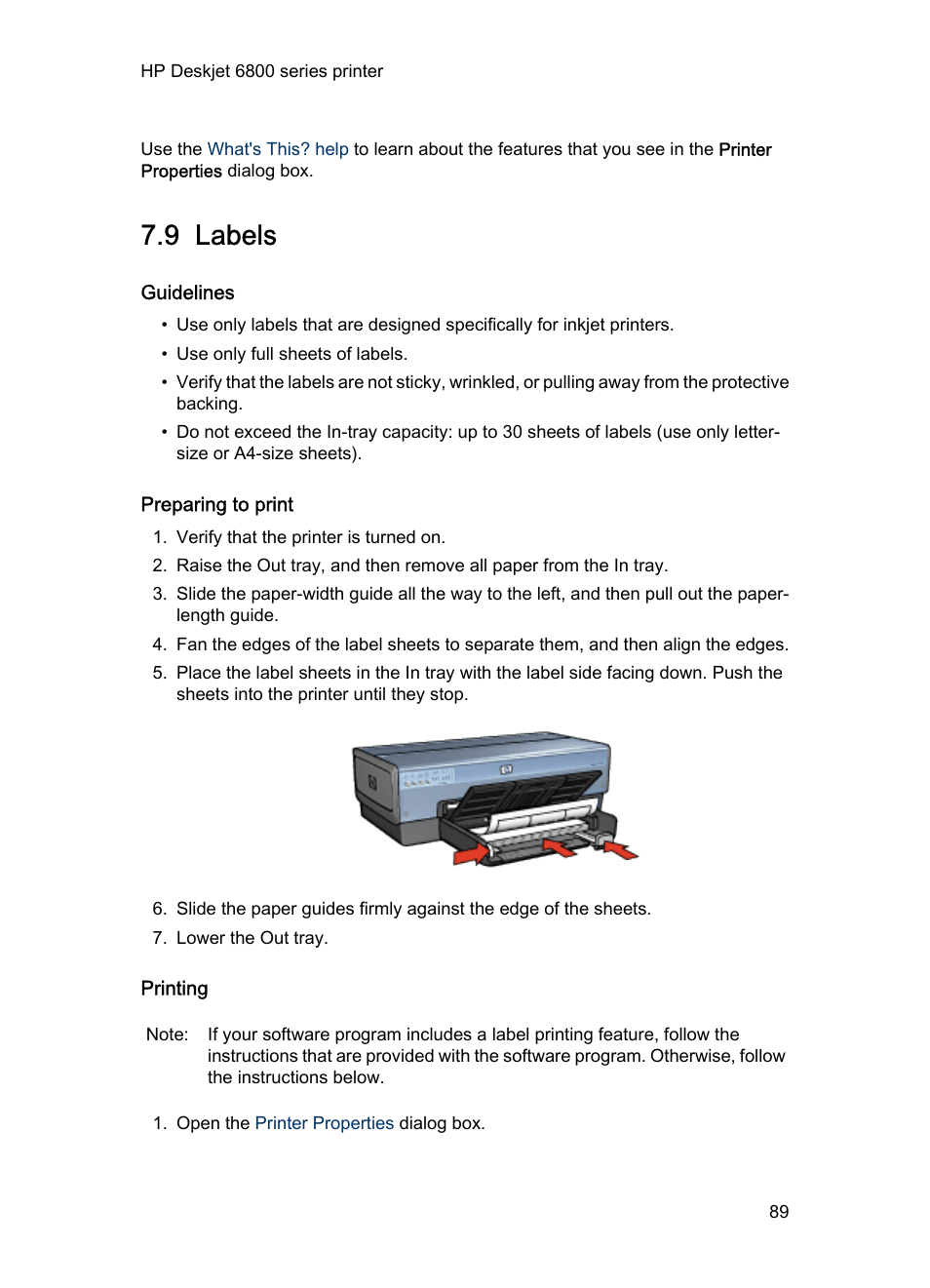 9 labels, Guidelines, Preparing to print | Printing, Labels | HP Deskjet 6840 Color Inkjet Printer User Manual | Page 89 / 193