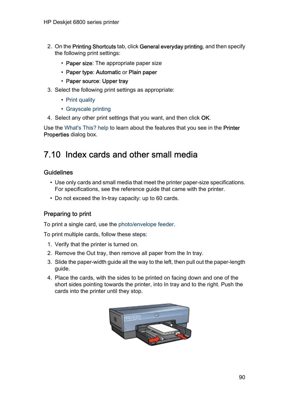 10 index cards and other small media, Guidelines, Preparing to print | Index cards | HP Deskjet 6840 Color Inkjet Printer User Manual | Page 90 / 193