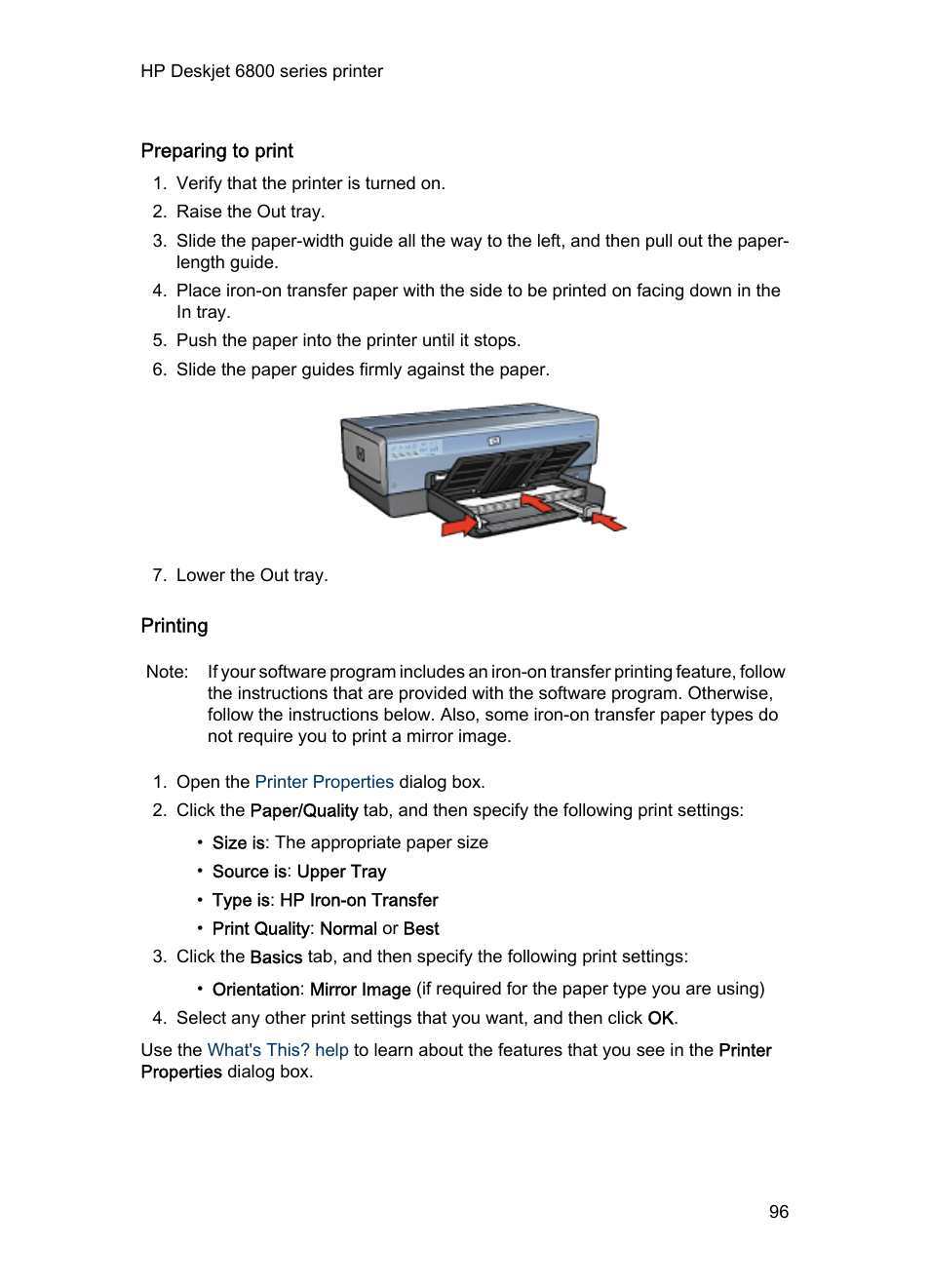 Preparing to print, Printing | HP Deskjet 6840 Color Inkjet Printer User Manual | Page 96 / 193