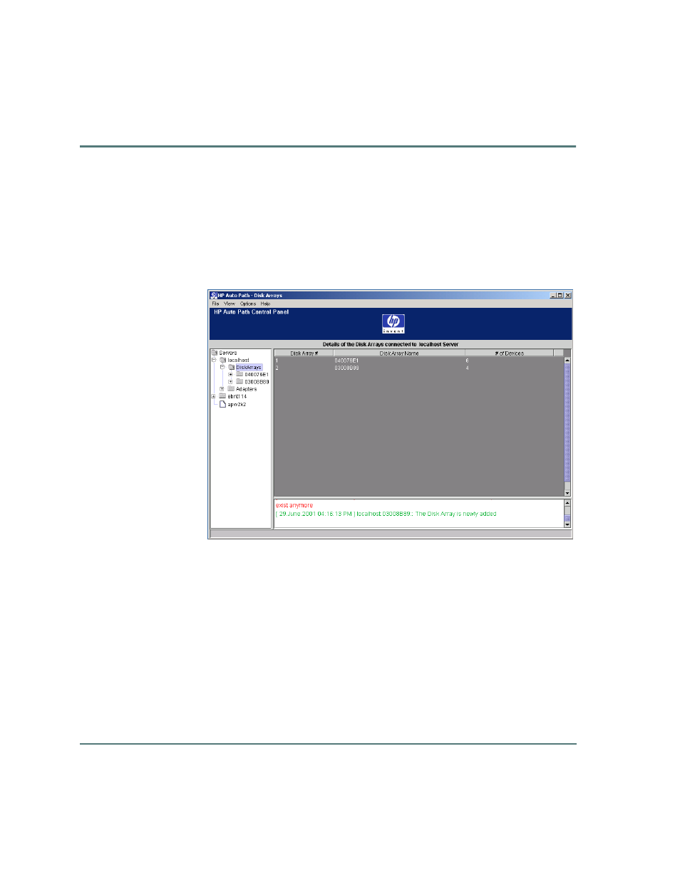 Disk arrays window | HP StorageWorks Auto Path VA Software User Manual | Page 36 / 70