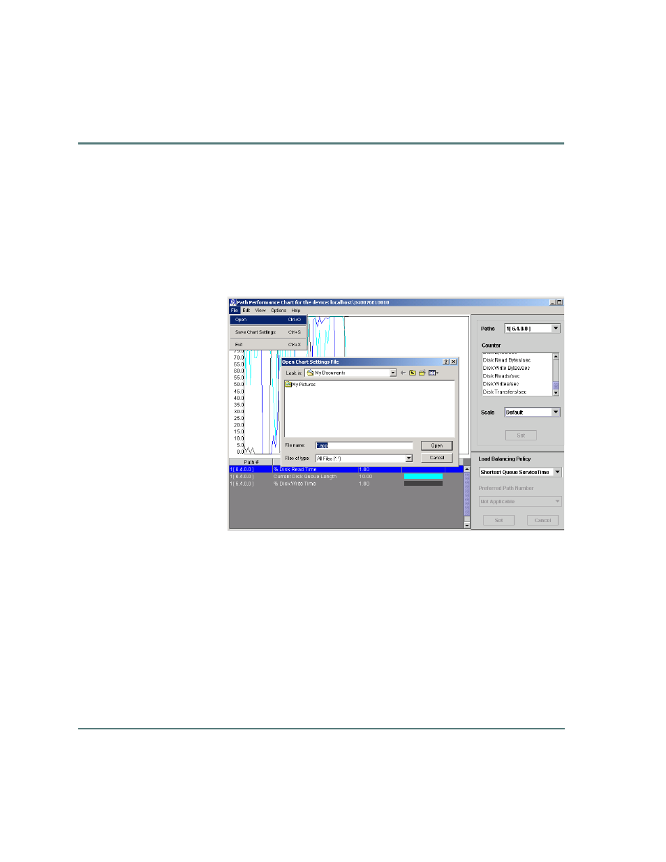 Opening and restoring chart settings | HP StorageWorks Auto Path VA Software User Manual | Page 50 / 70