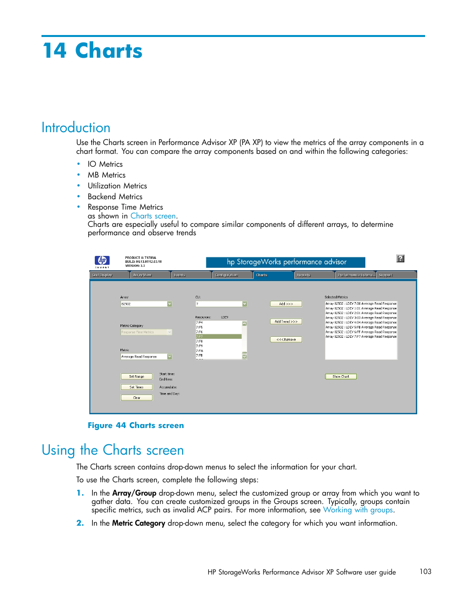 14 charts, Introduction, Using the charts screen | Charts screen, Charts | HP XP Performance Advisor Software User Manual | Page 103 / 159