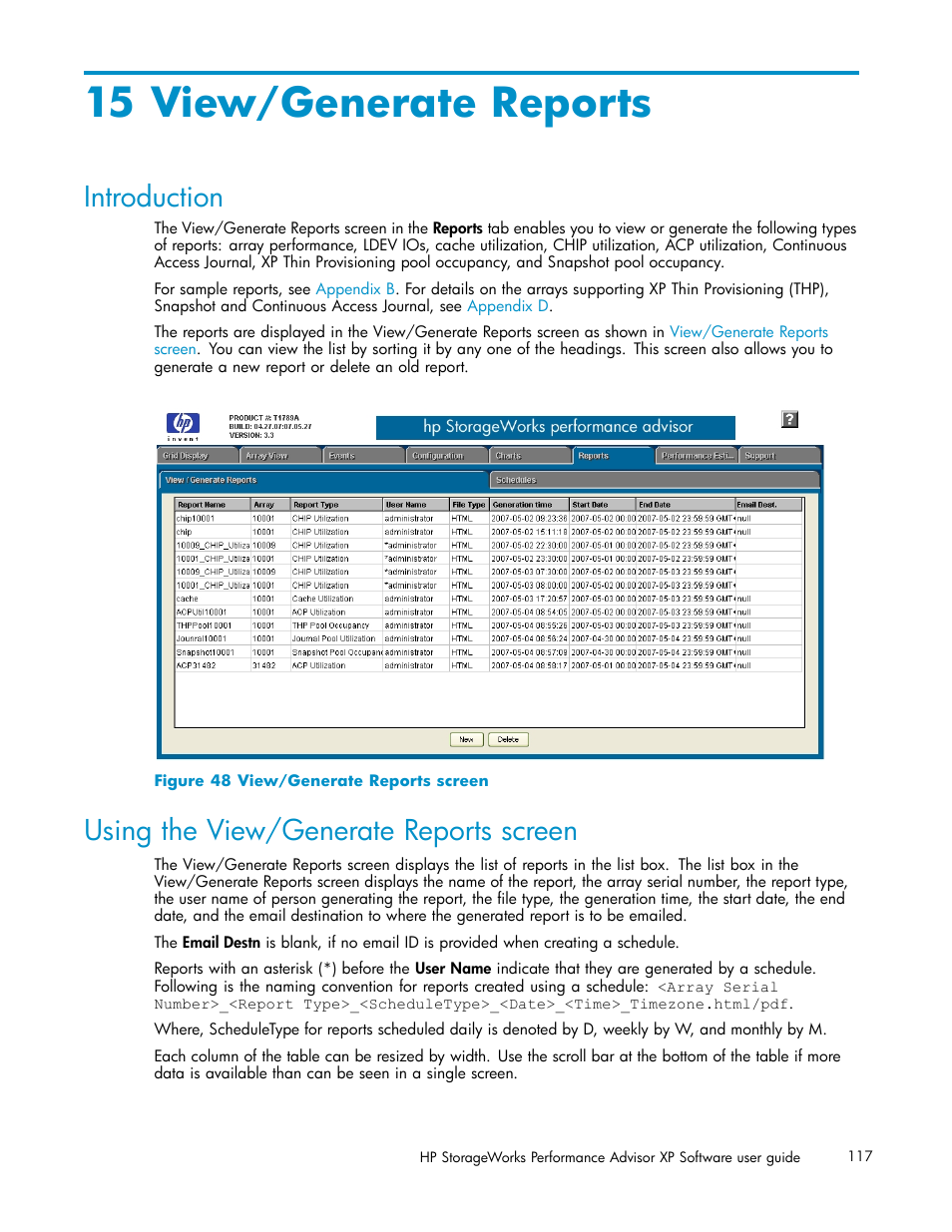 15 view/generate reports, Introduction, Using the view/generate reports screen | View/generate reports screen | HP XP Performance Advisor Software User Manual | Page 117 / 159