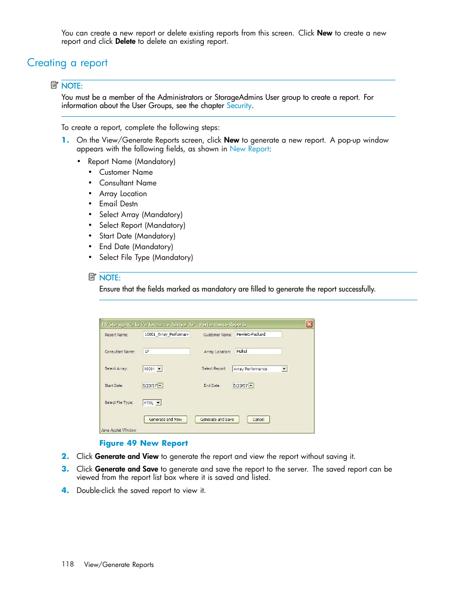 Creating a report, New report | HP XP Performance Advisor Software User Manual | Page 118 / 159
