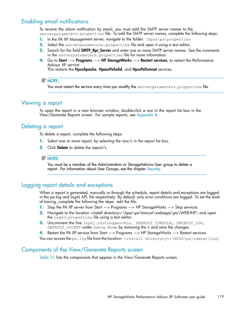 Enabling email notifications, Viewing a report, Deleting a report | Logging report details and exceptions, Components of the view/generate reports screen | HP XP Performance Advisor Software User Manual | Page 119 / 159