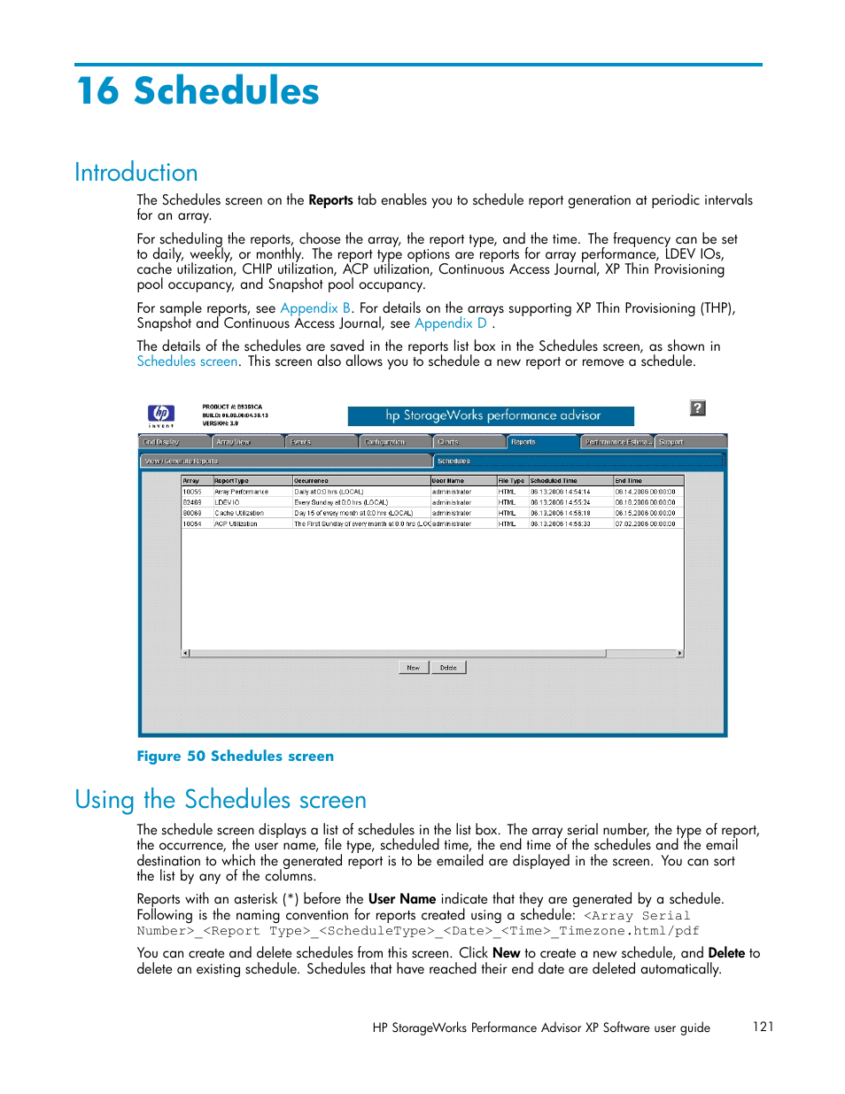 16 schedules, Introduction, Using the schedules screen | Schedules screen | HP XP Performance Advisor Software User Manual | Page 121 / 159
