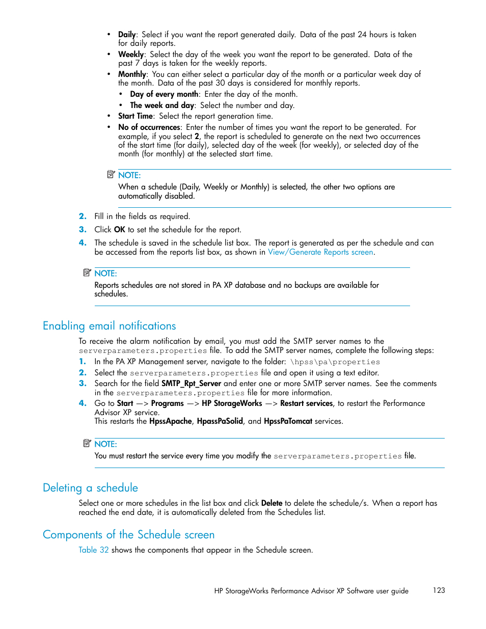 Enabling email notifications, Deleting a schedule, Components of the schedule screen | HP XP Performance Advisor Software User Manual | Page 123 / 159