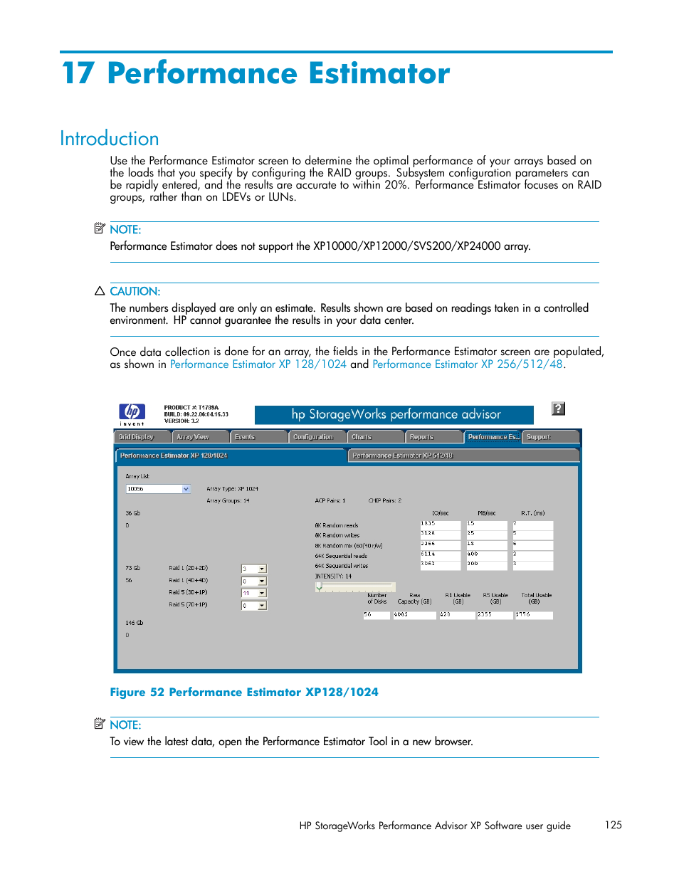 17 performance estimator, Introduction, Performance estimator xp128/1024 | HP XP Performance Advisor Software User Manual | Page 125 / 159