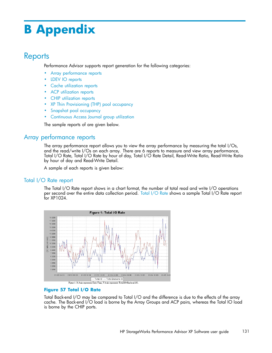 B appendix, Reports, Array performance reports | Total i/o rate report, Total i/o rate, Appendix b | HP XP Performance Advisor Software User Manual | Page 131 / 159