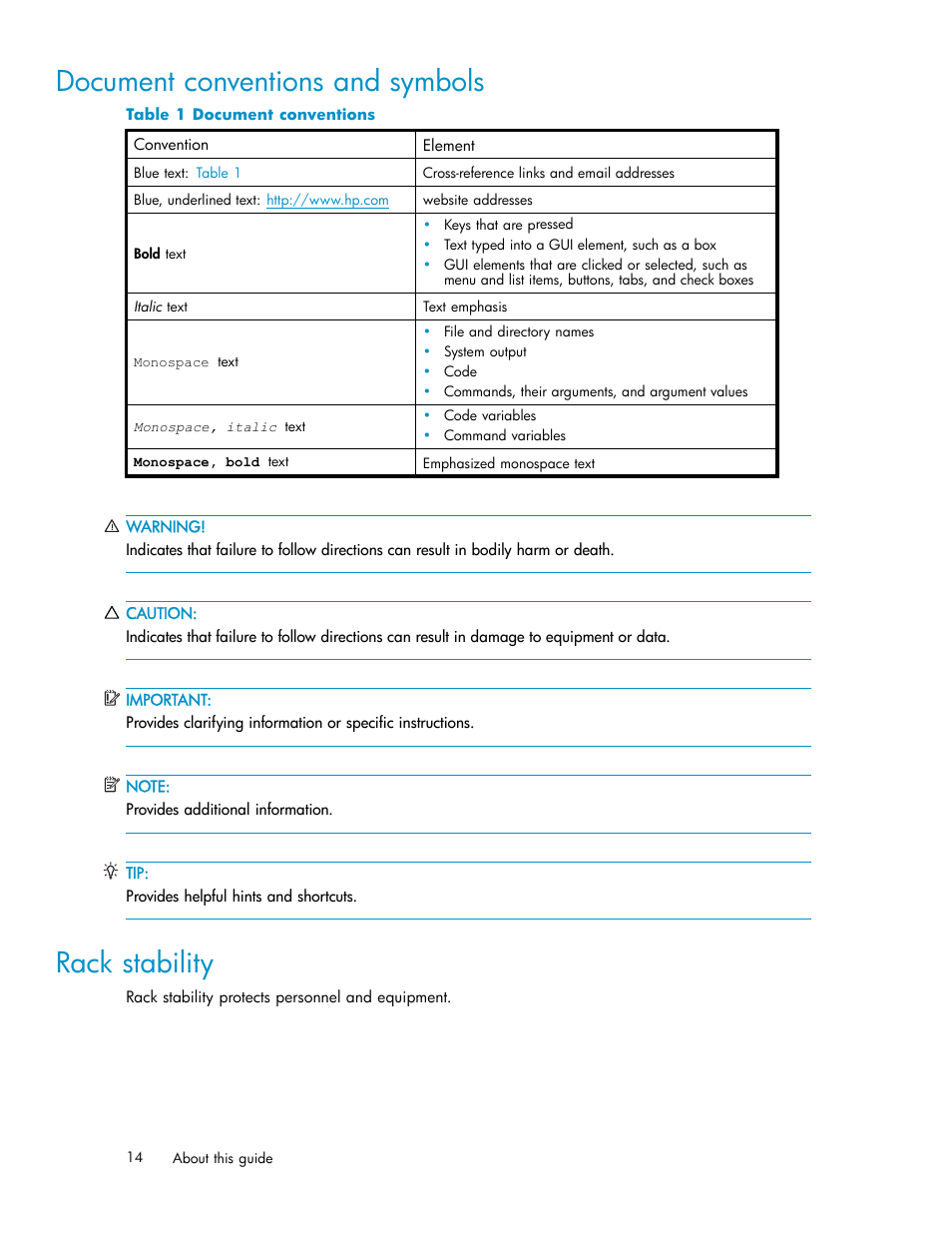 Document conventions and symbols, Rack stability, Document conventions | HP XP Performance Advisor Software User Manual | Page 14 / 159