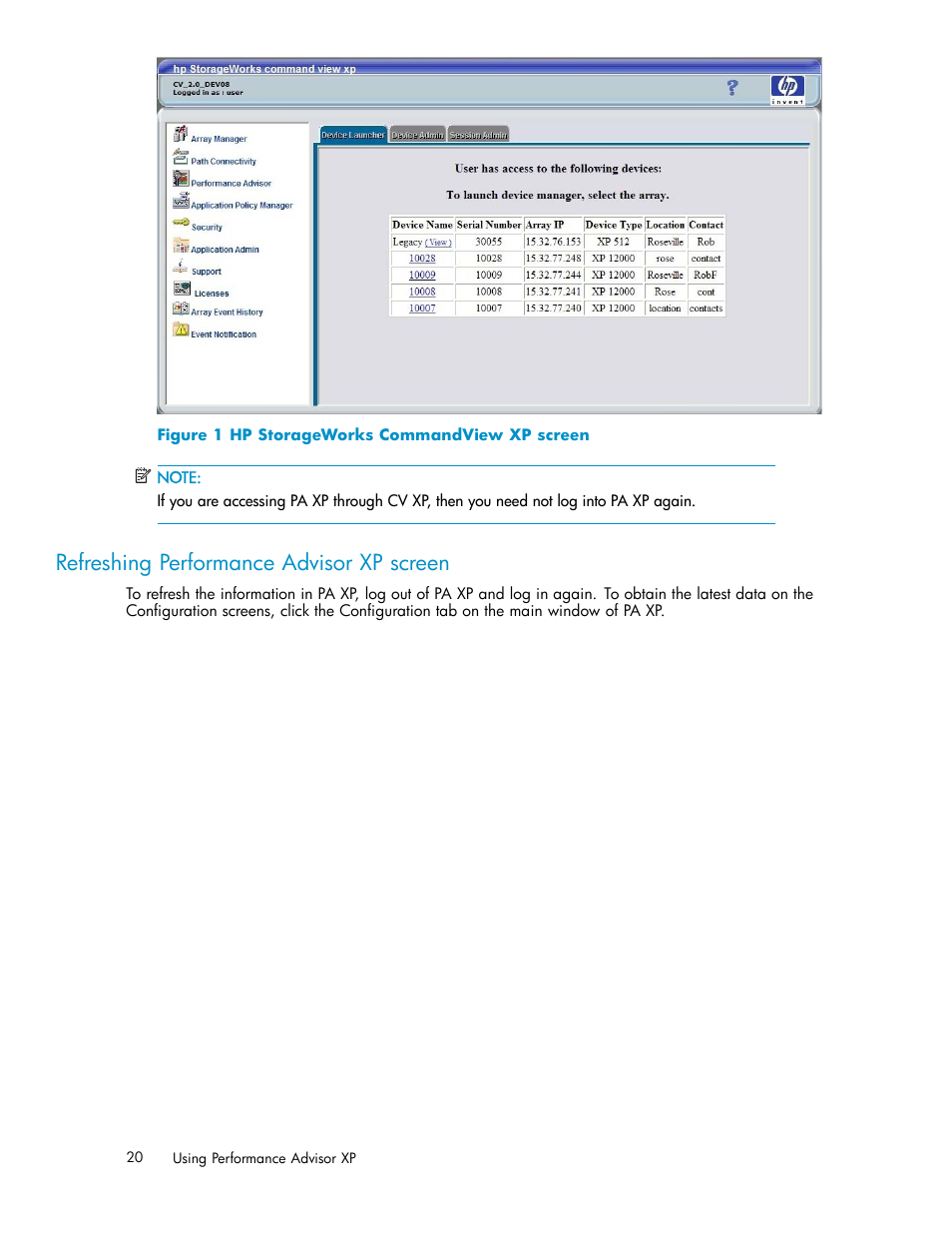 Refreshing performance advisor xp screen, Hp storageworks commandview xp screen, Storageworks commandview | Xp screen | HP XP Performance Advisor Software User Manual | Page 20 / 159