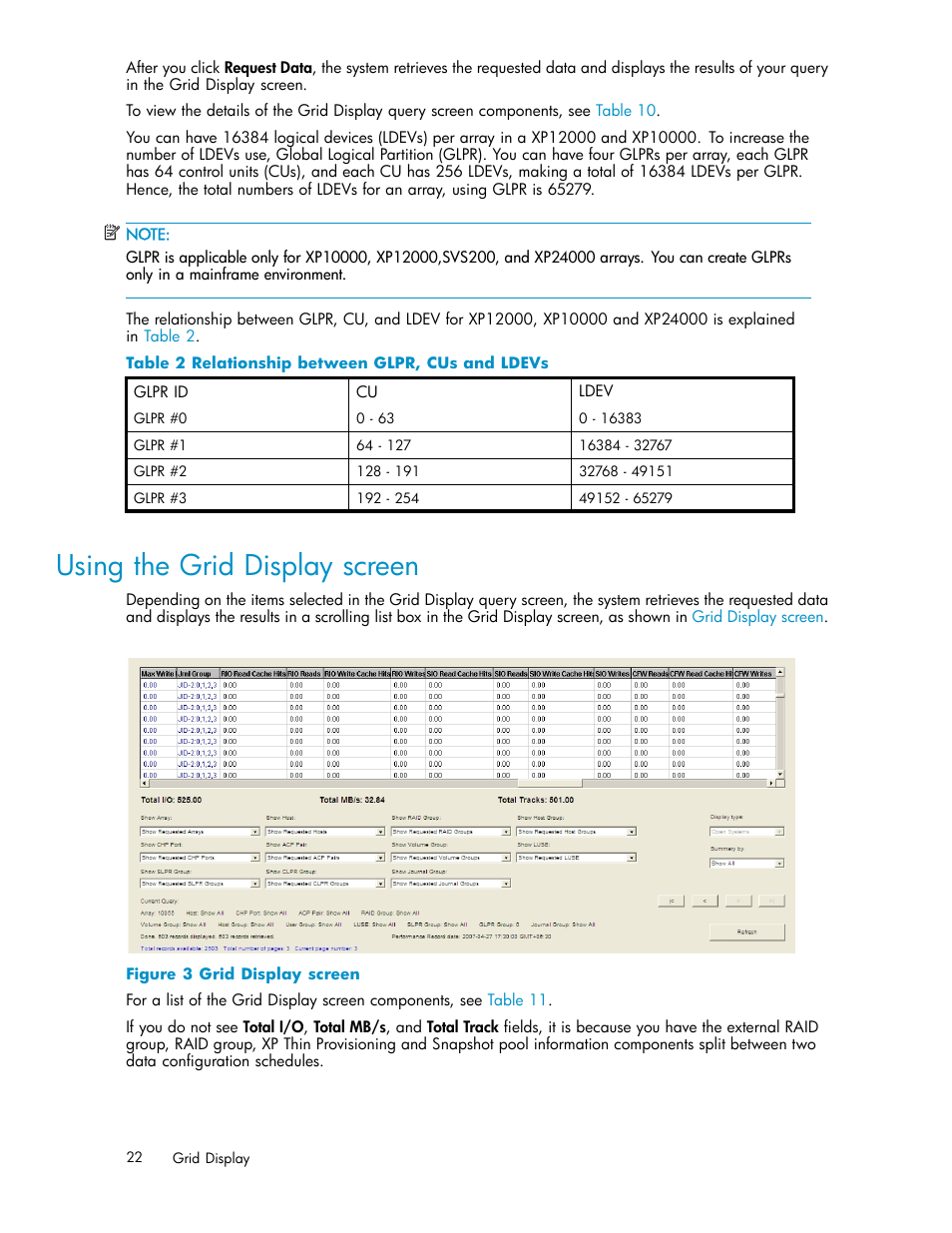 Using the grid display screen, Grid display screen, Relationship between glpr, cus and ldevs | HP XP Performance Advisor Software User Manual | Page 22 / 159