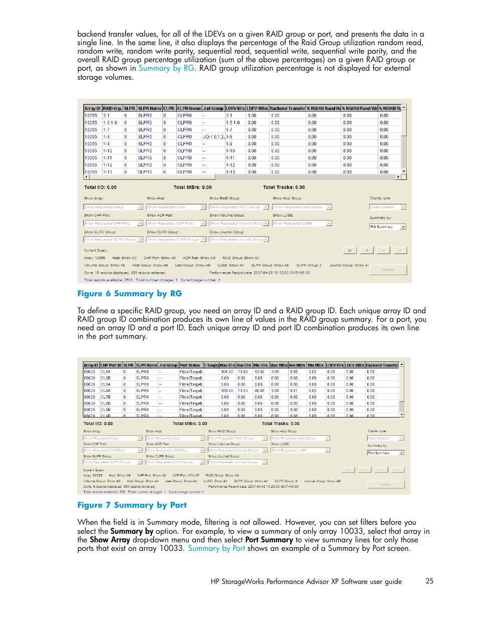 Summary by rg, Summary by port | HP XP Performance Advisor Software User Manual | Page 25 / 159
